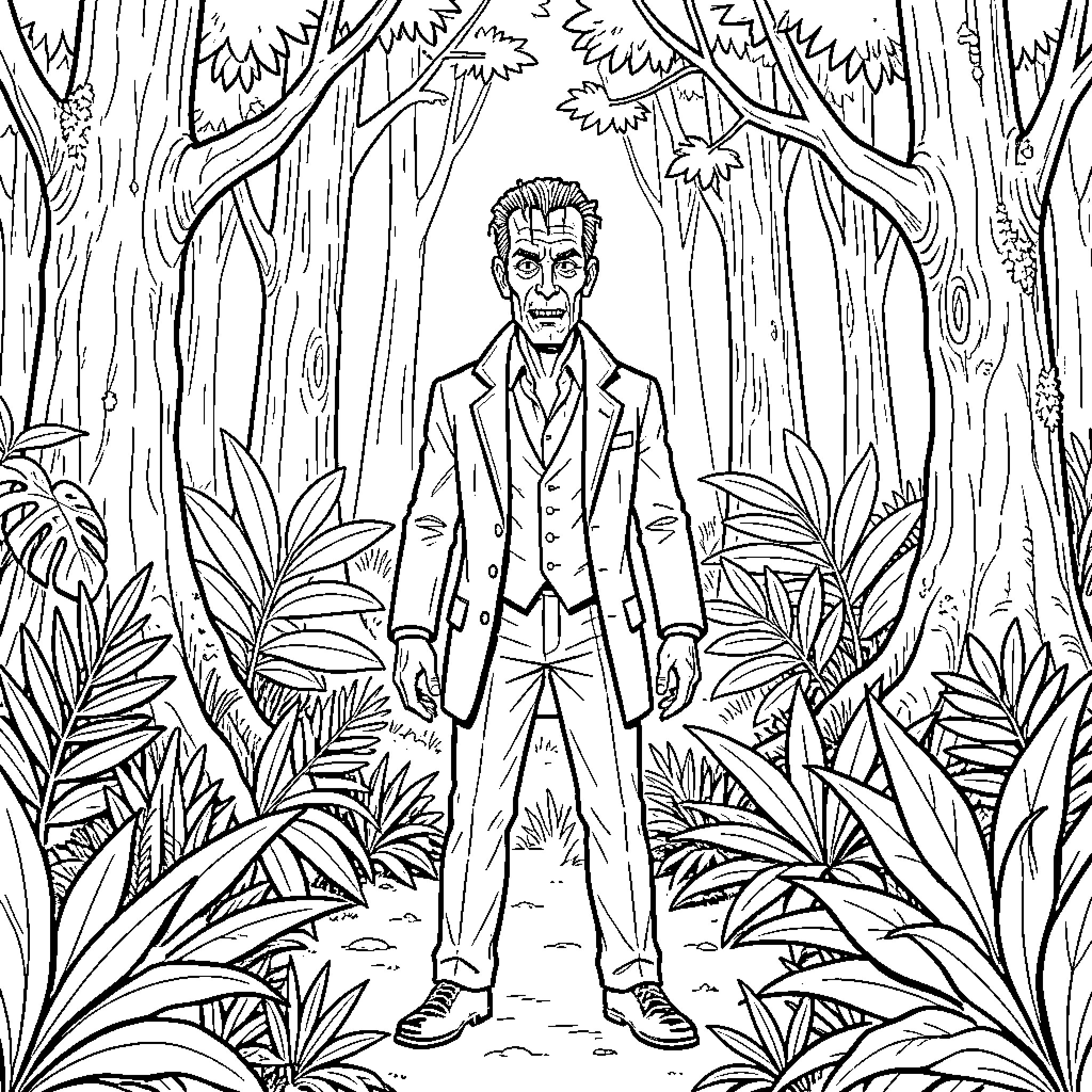 Frankenstein standing tall amidst a dense jungle forest Coloring Page (free black-and-white line drawing printable PDF for all, from beginners to advanced learners, including children, teens, adults, and seniors)