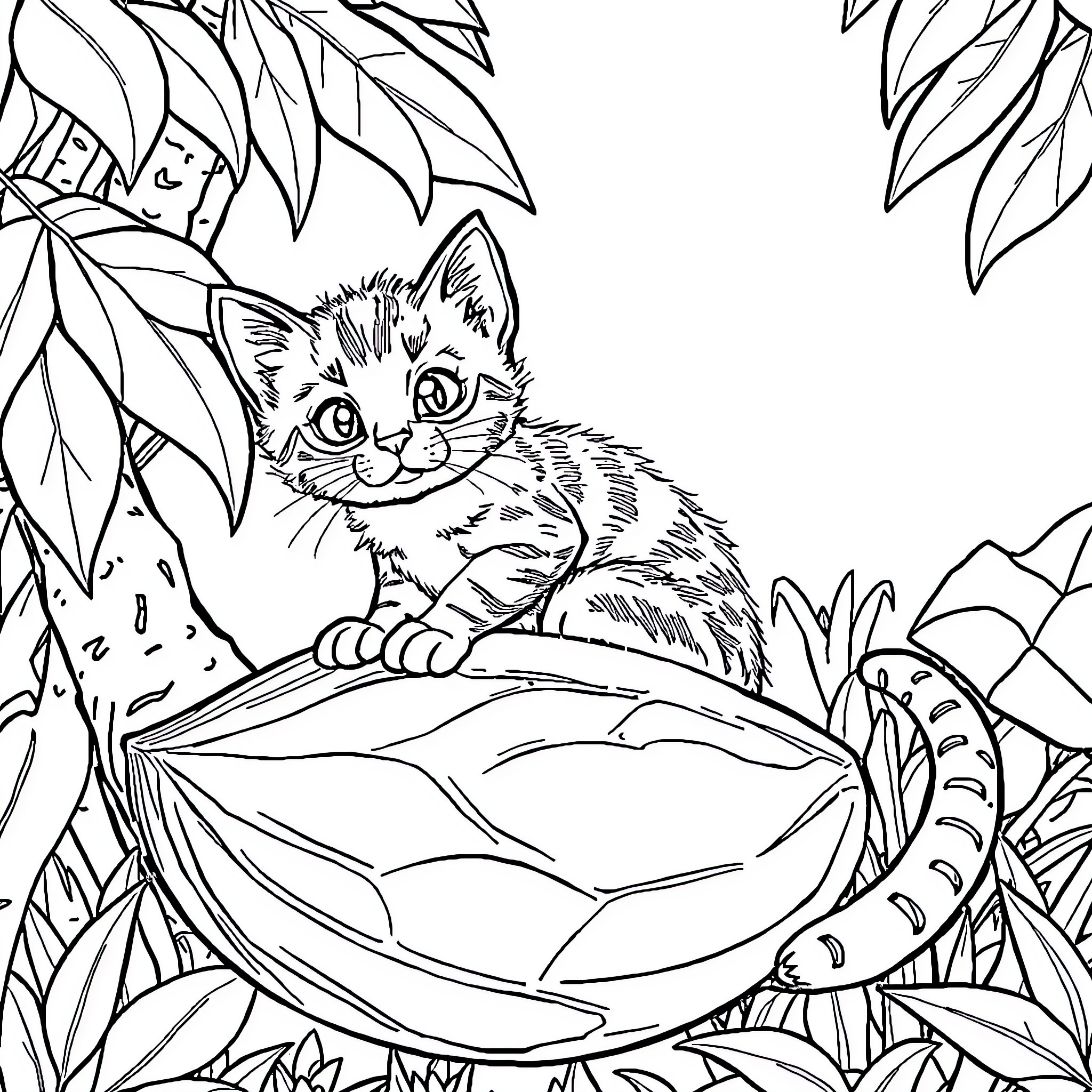Cat exploring a lush, leafy environment Coloring Page (free black-and-white line drawing printable PDF for all, from beginners to advanced learners, including children, teens, adults, and seniors)