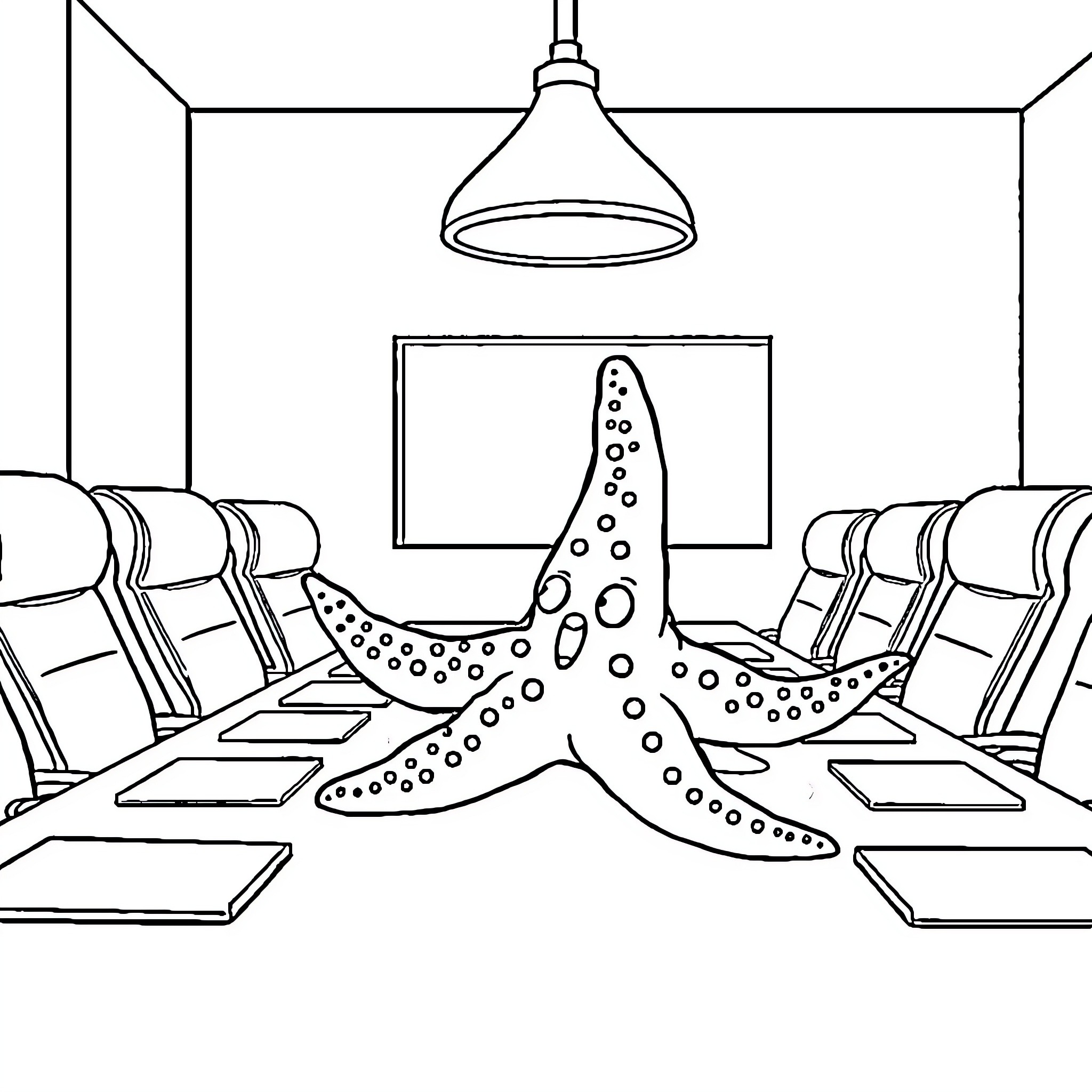 Starfish attending a business meeting Coloring Page (free black-and-white line drawing printable PDF for all, from beginners to advanced learners, including children, teens, adults, and seniors)