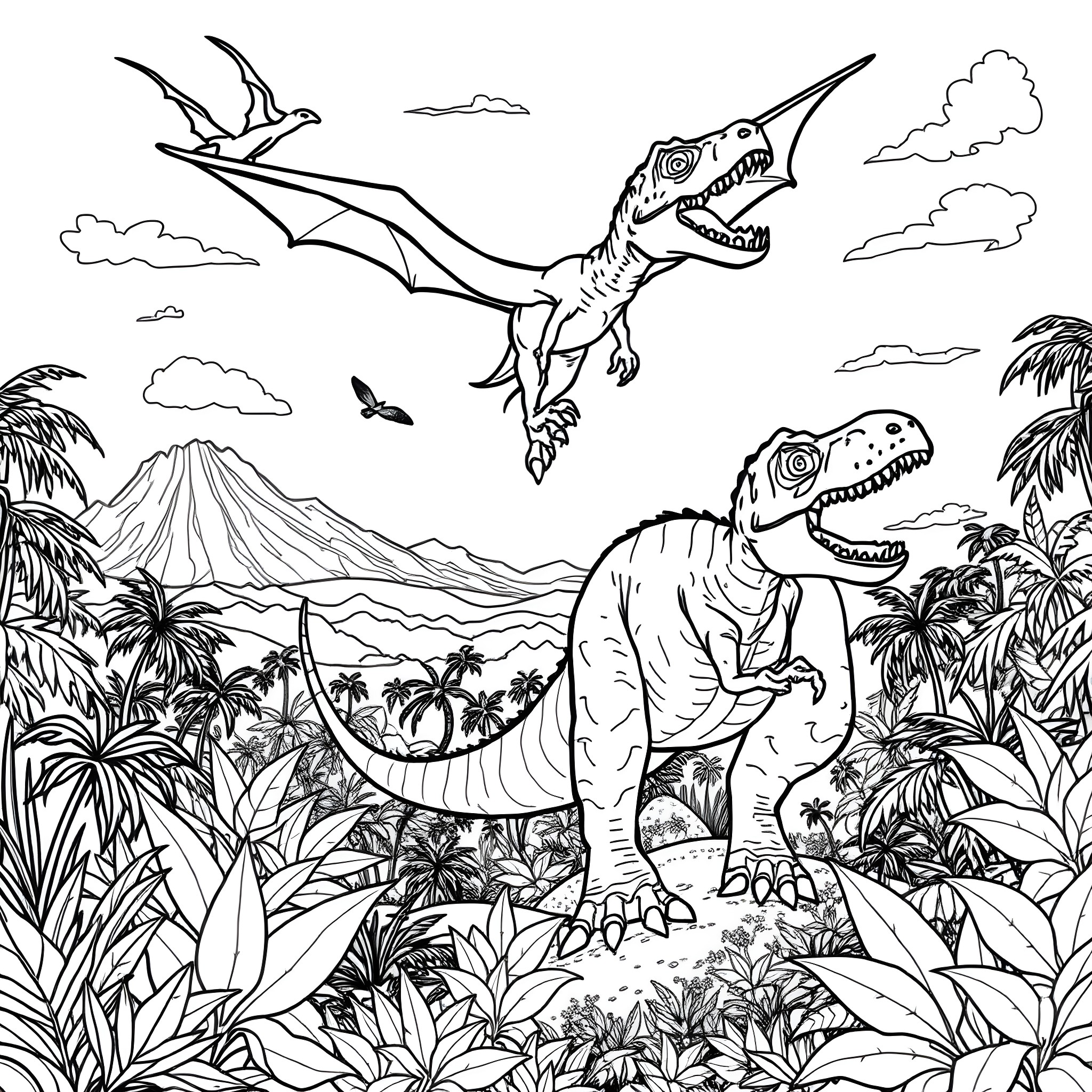 Dragon Dinosaurs Soaring over Prehistoric Landscape Coloring Page (free black-and-white line drawing printable PDF for all, from beginners to advanced learners, including children, teens, adults, and seniors)