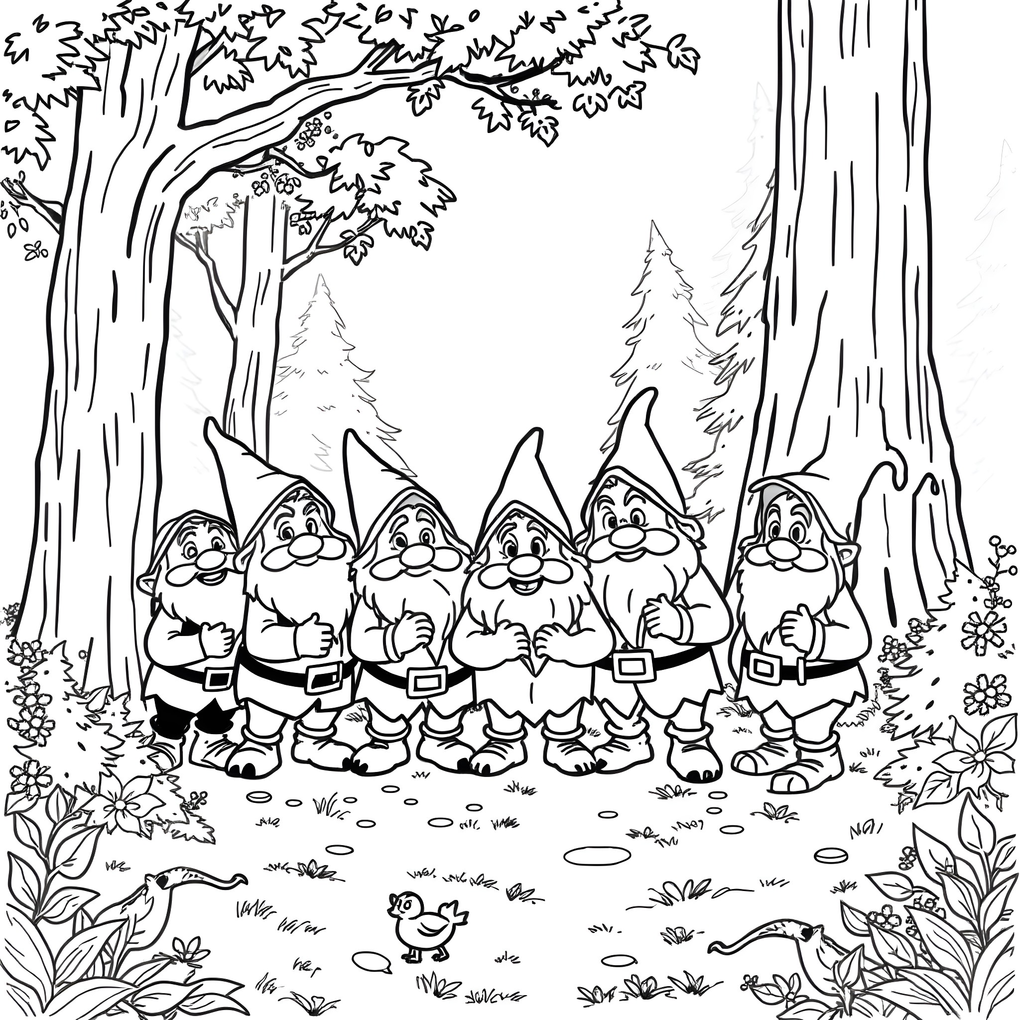Dwarf gnomes happily gathering in the enchanted forest Coloring Page (free black-and-white line drawing printable PDF for all, from beginners to advanced learners, including children, teens, adults, and seniors)