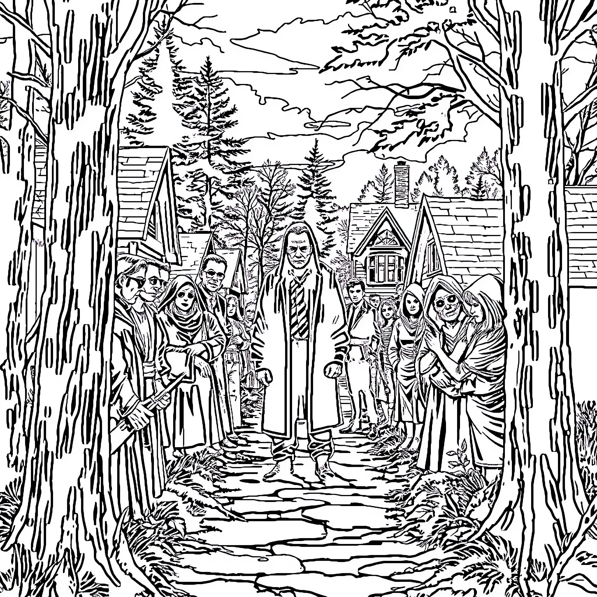 Stephen King's haunting characters in a chilling woodland scene Coloring Page (free black-and-white line drawing printable PDF for all, from beginners to advanced learners, including children, teens, adults, and seniors)