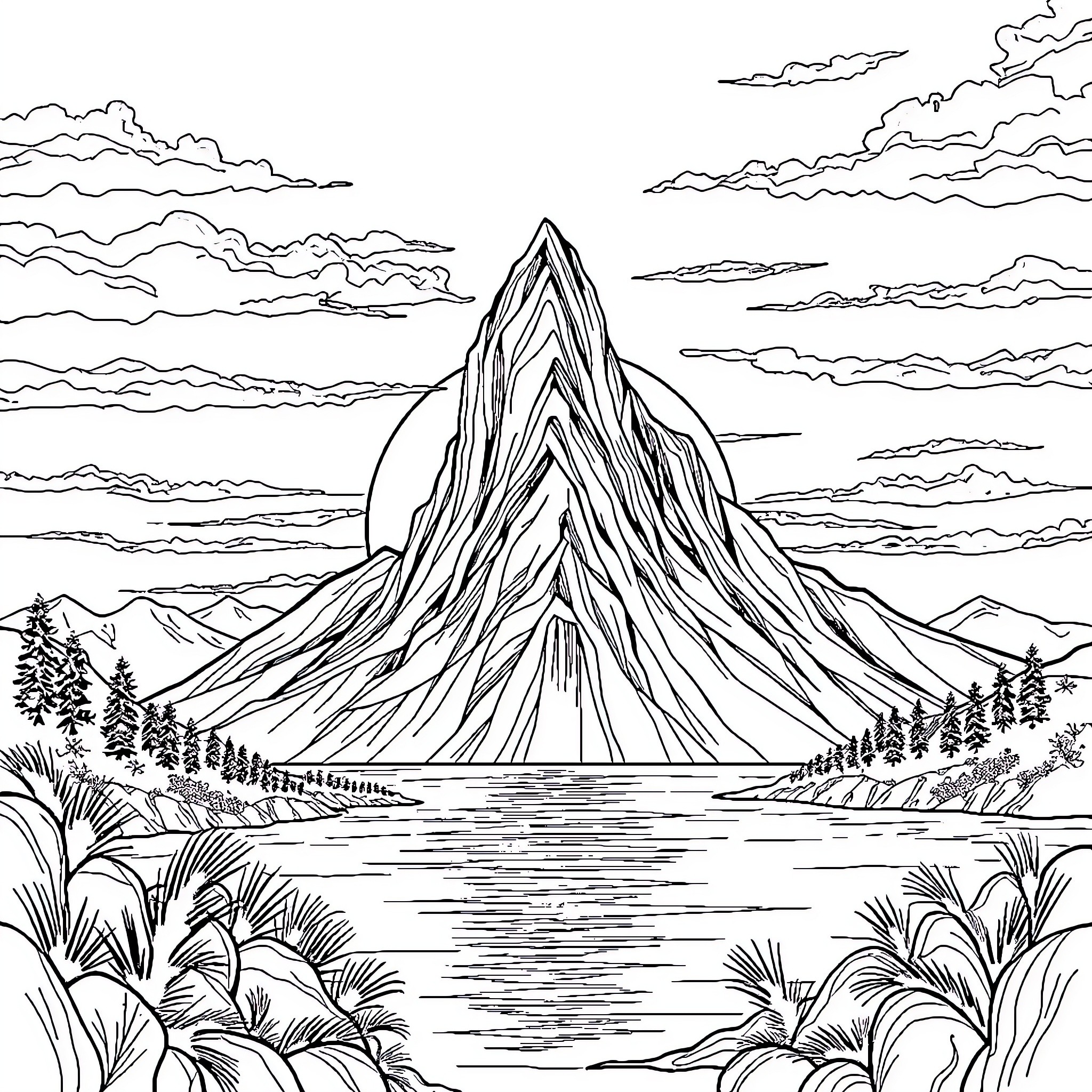 Mountain landscape with dramatic peaks and clouds Coloring Page (free black-and-white line drawing printable PDF for all, from beginners to advanced learners, including children, teens, adults, and seniors)