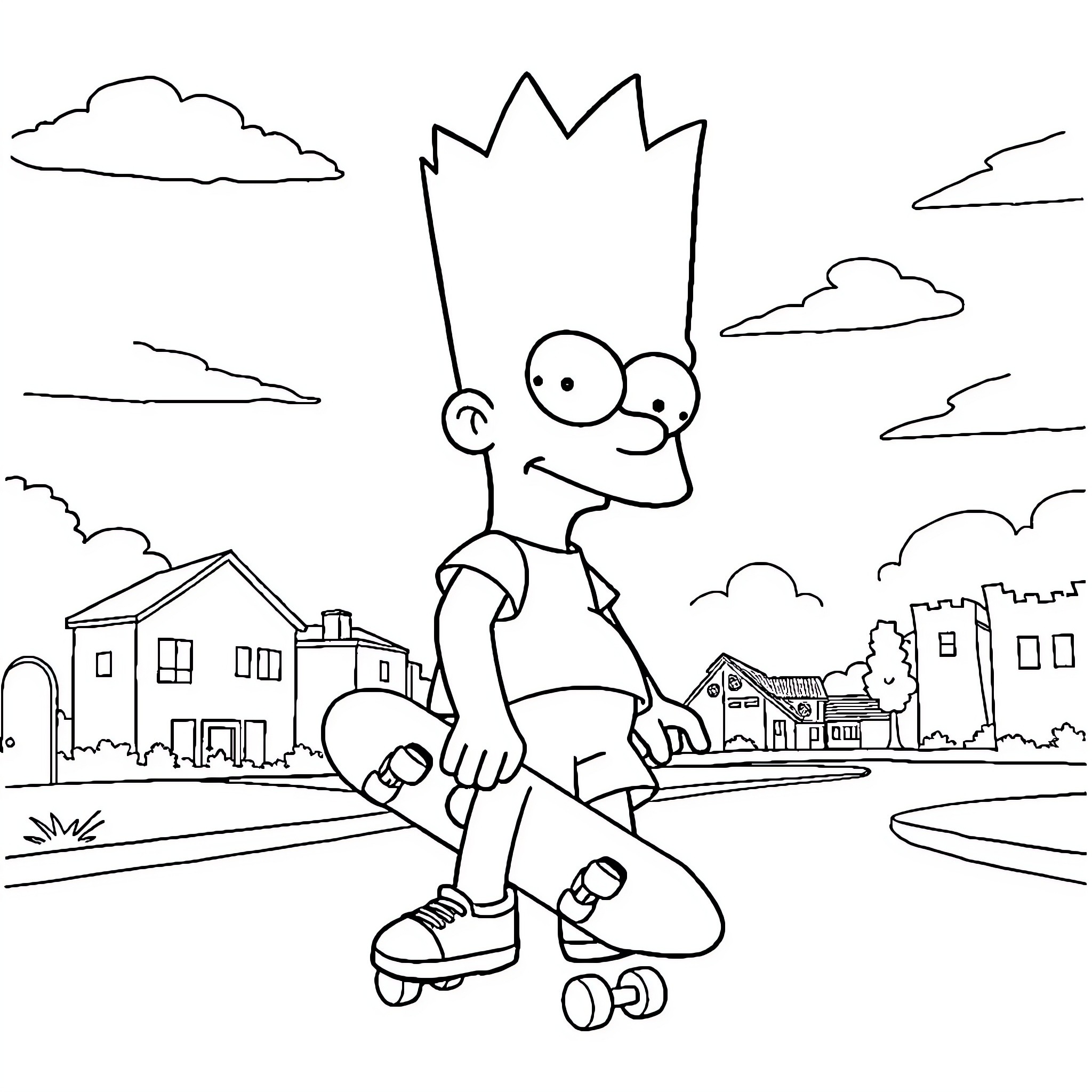 Bart Simpson skateboarding in the neighborhood Coloring Page (free black-and-white line drawing printable PDF for all, from beginners to advanced learners, including children, teens, adults, and seniors)