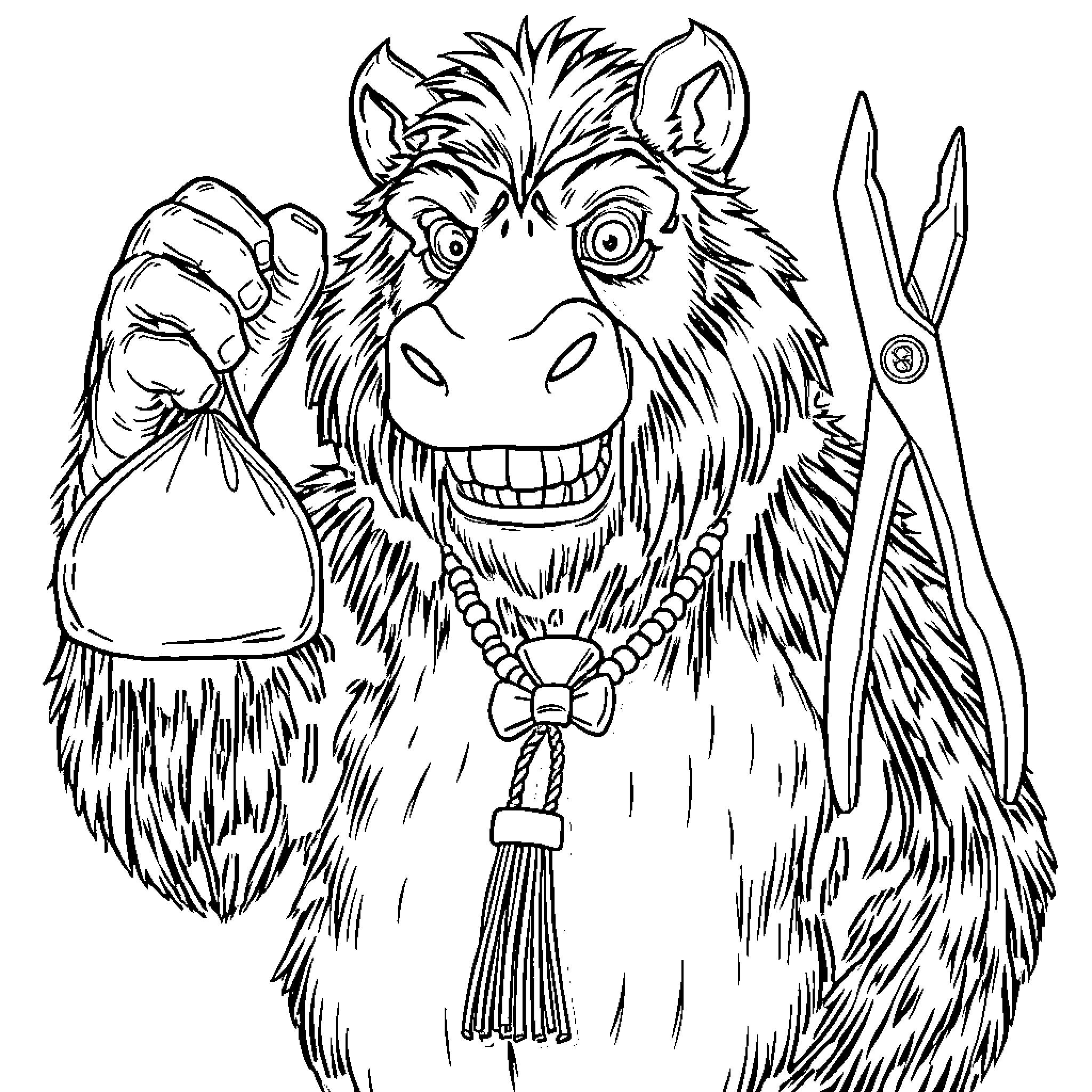Mono Hairy Creature with Mischievous Expression Coloring Page (free black-and-white line drawing printable PDF for all, from beginners to advanced learners, including children, teens, adults, and seniors)