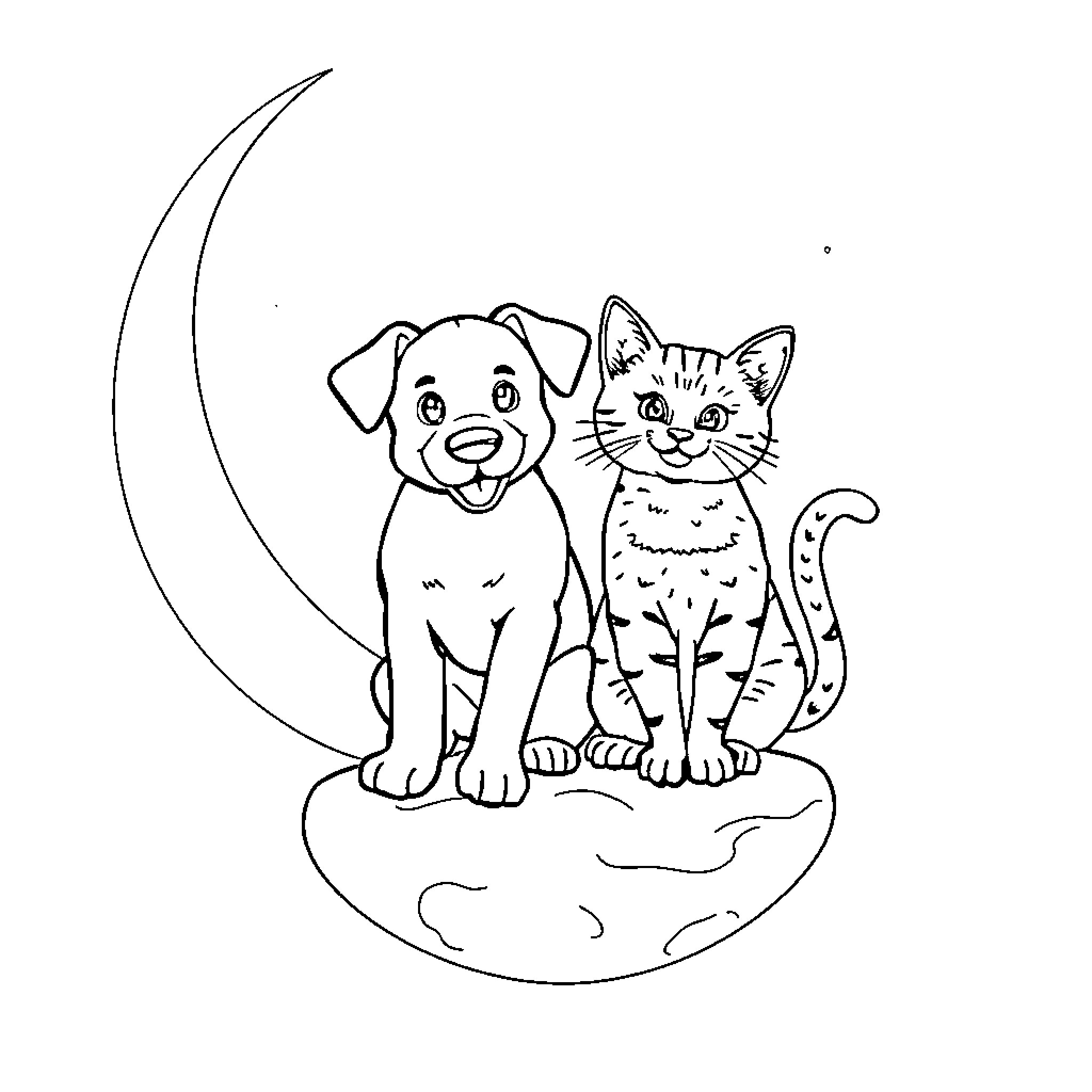 Dog and Cat sitting together under the moon Coloring Page (free black-and-white line drawing printable PDF for all, from beginners to advanced learners, including children, teens, adults, and seniors)