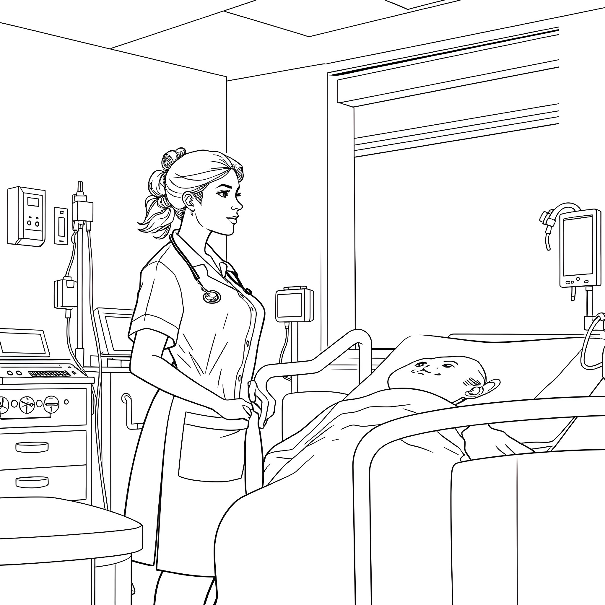 Woman caring for patient in hospital room Coloring Page (free black-and-white line drawing printable PDF for all, from beginners to advanced learners, including children, teens, adults, and seniors)