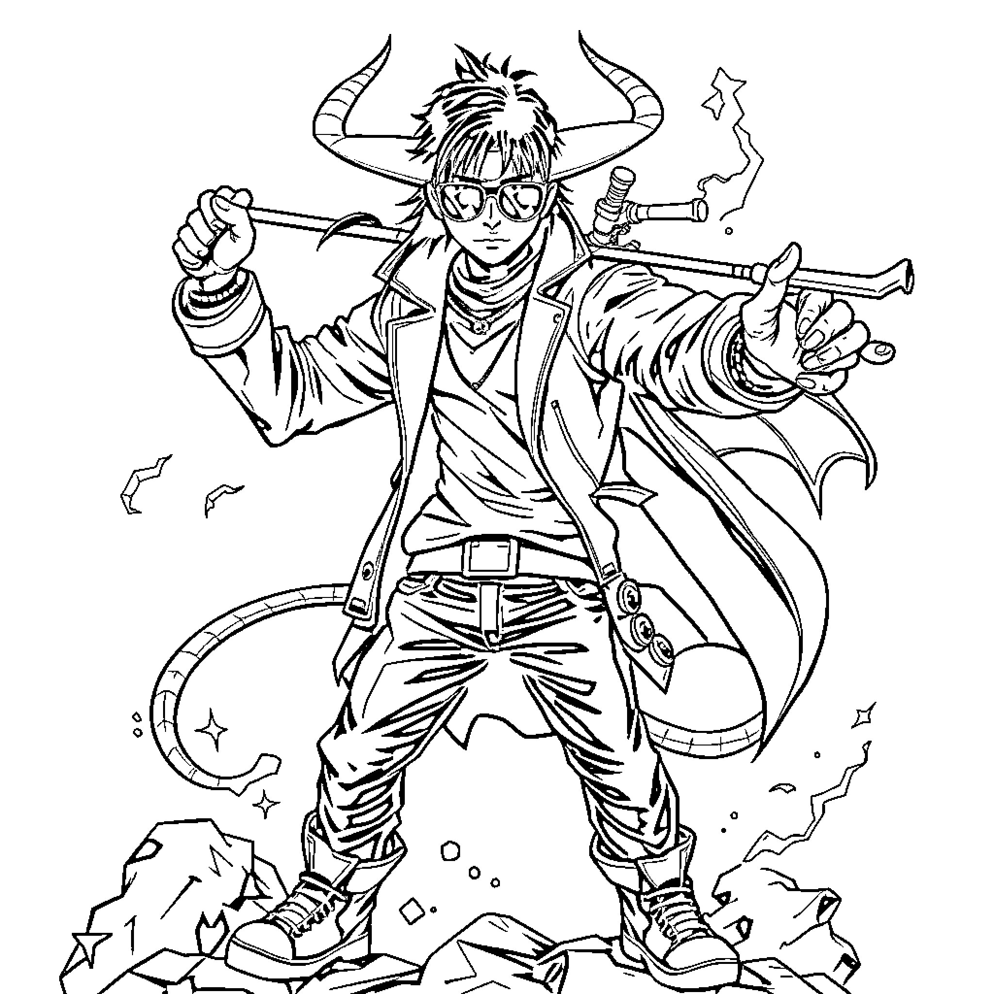 Demon Hunter in Action with Weapons Coloring Page (free black-and-white line drawing printable PDF for all, from beginners to advanced learners, including children, teens, adults, and seniors)