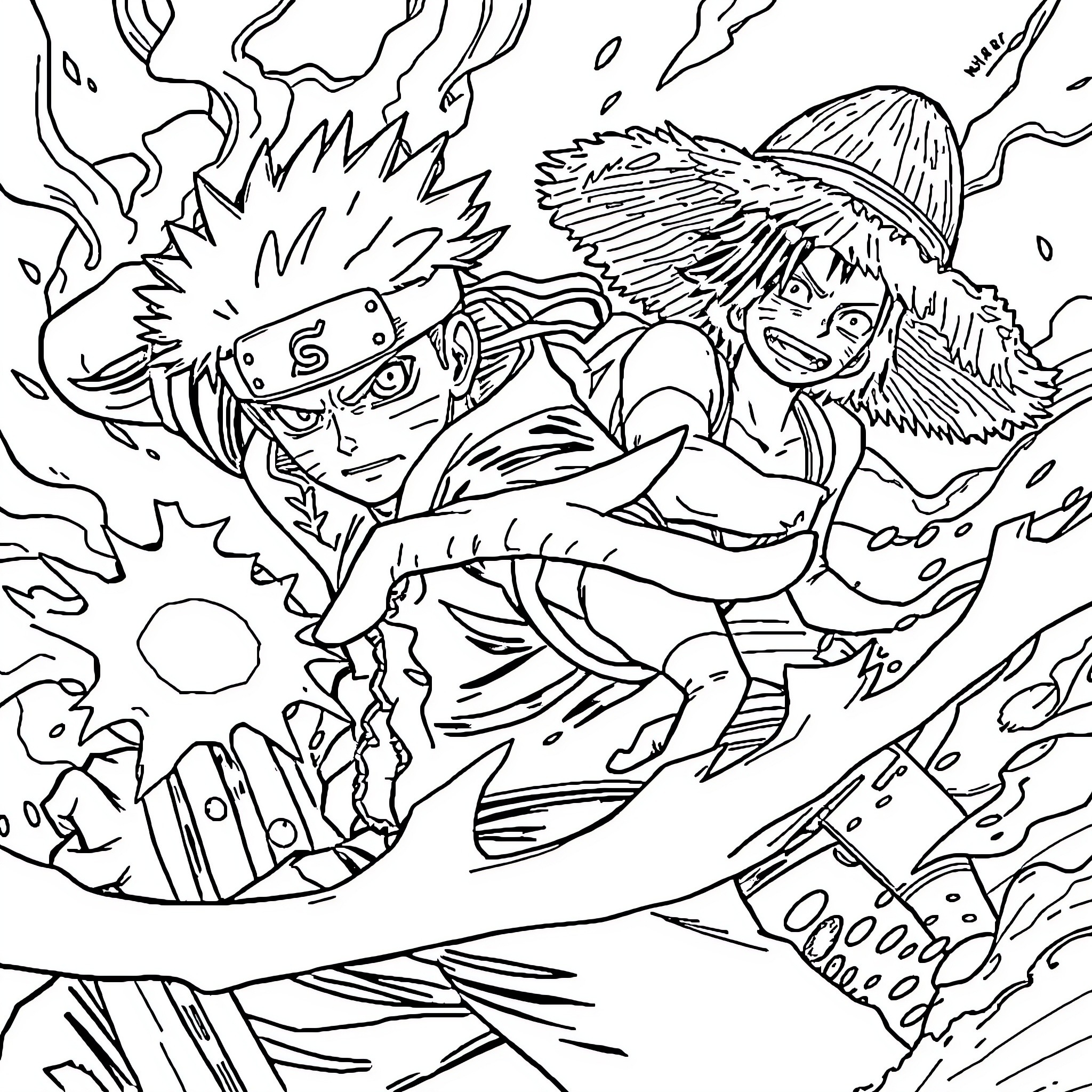 Naruto charging into action with fierce determination Coloring Page (free black-and-white line drawing printable PDF for all, from beginners to advanced learners, including children, teens, adults, and seniors)