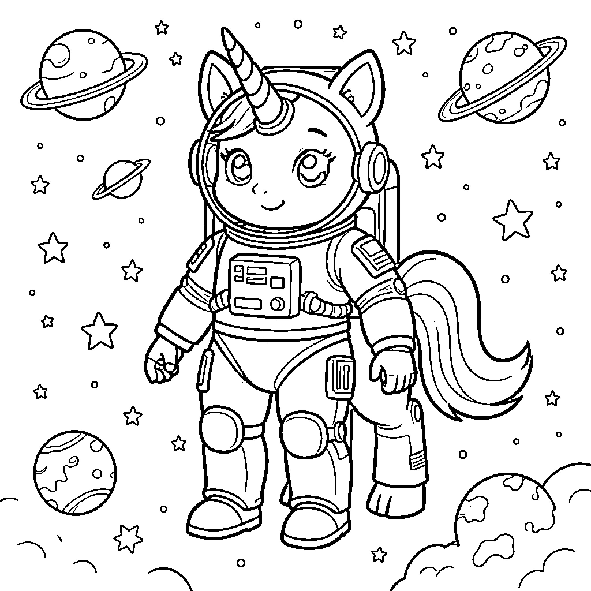 Robot Unicorn floating in outer space wearing an astronaut suit Coloring Page (free black-and-white line drawing printable PDF for all, from beginners to advanced learners, including children, teens, adults, and seniors)