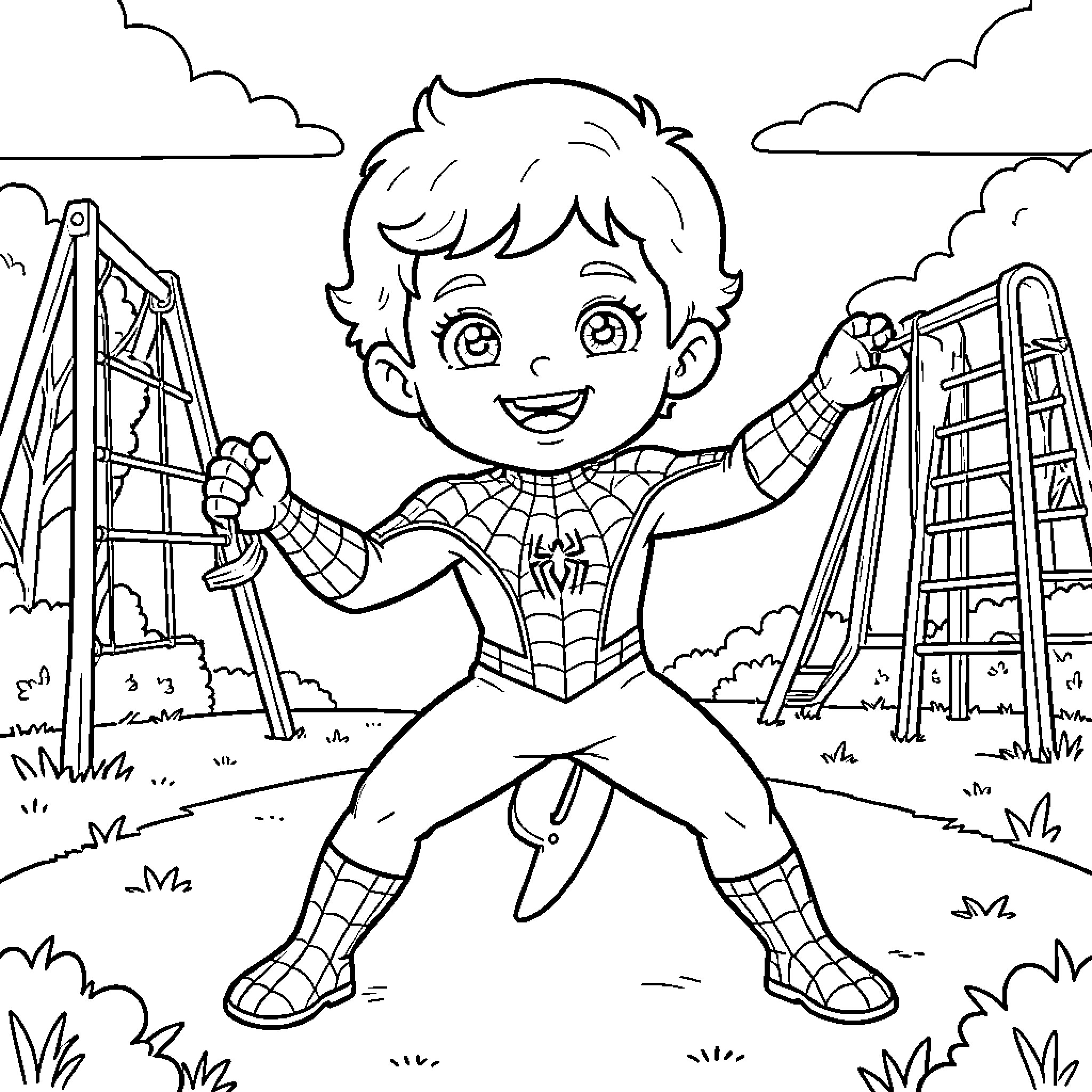 Spiderman climbing and swinging on ladders Coloring Page (free black-and-white line drawing printable PDF for all, from beginners to advanced learners, including children, teens, adults, and seniors)