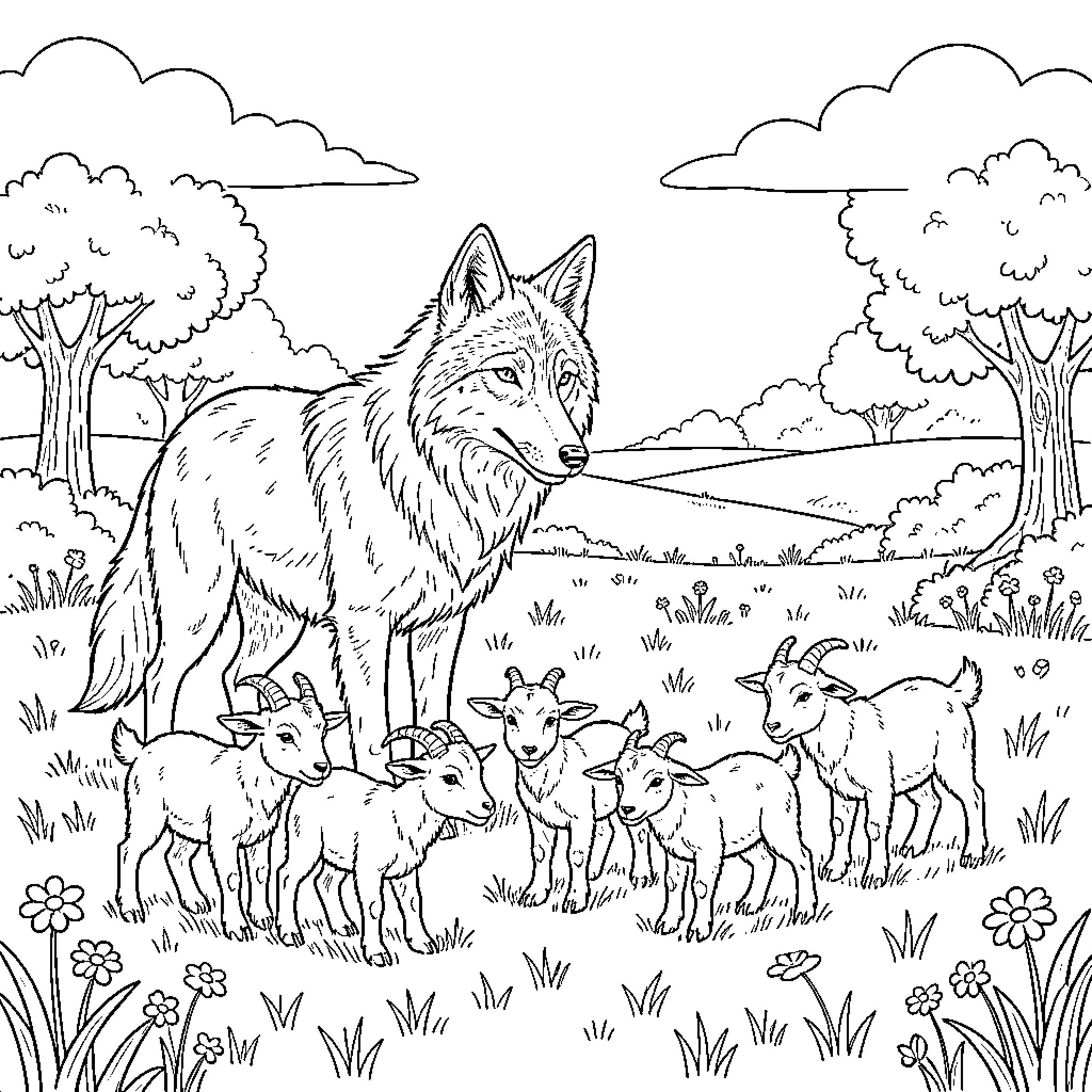 Wolf watching over its young in nature Coloring Page (free black-and-white line drawing printable PDF for all, from beginners to advanced learners, including children, teens, adults, and seniors)