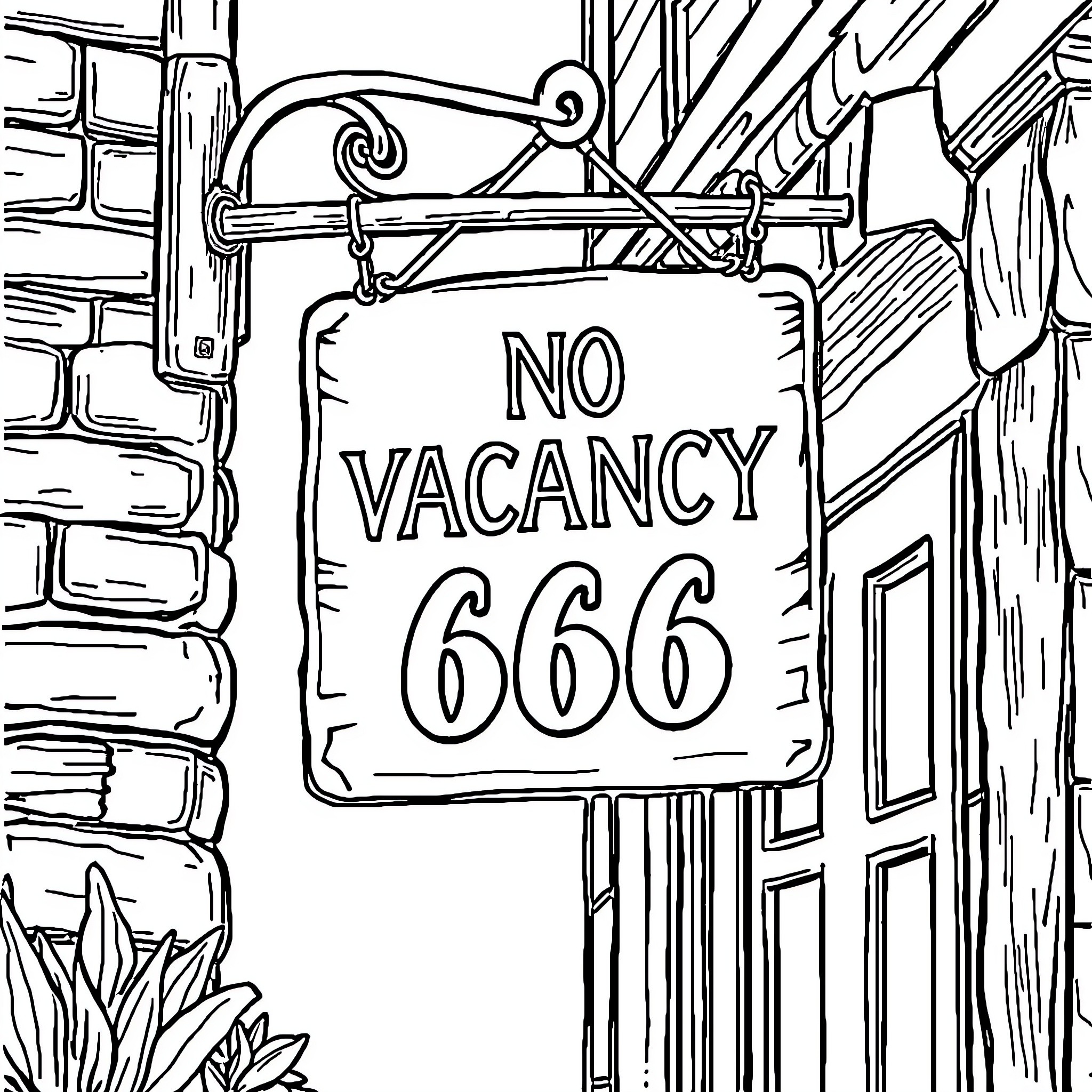 Sign for 'No Vacancy 666' on building facade Coloring Page (free black-and-white line drawing printable PDF for all, from beginners to advanced learners, including children, teens, adults, and seniors)