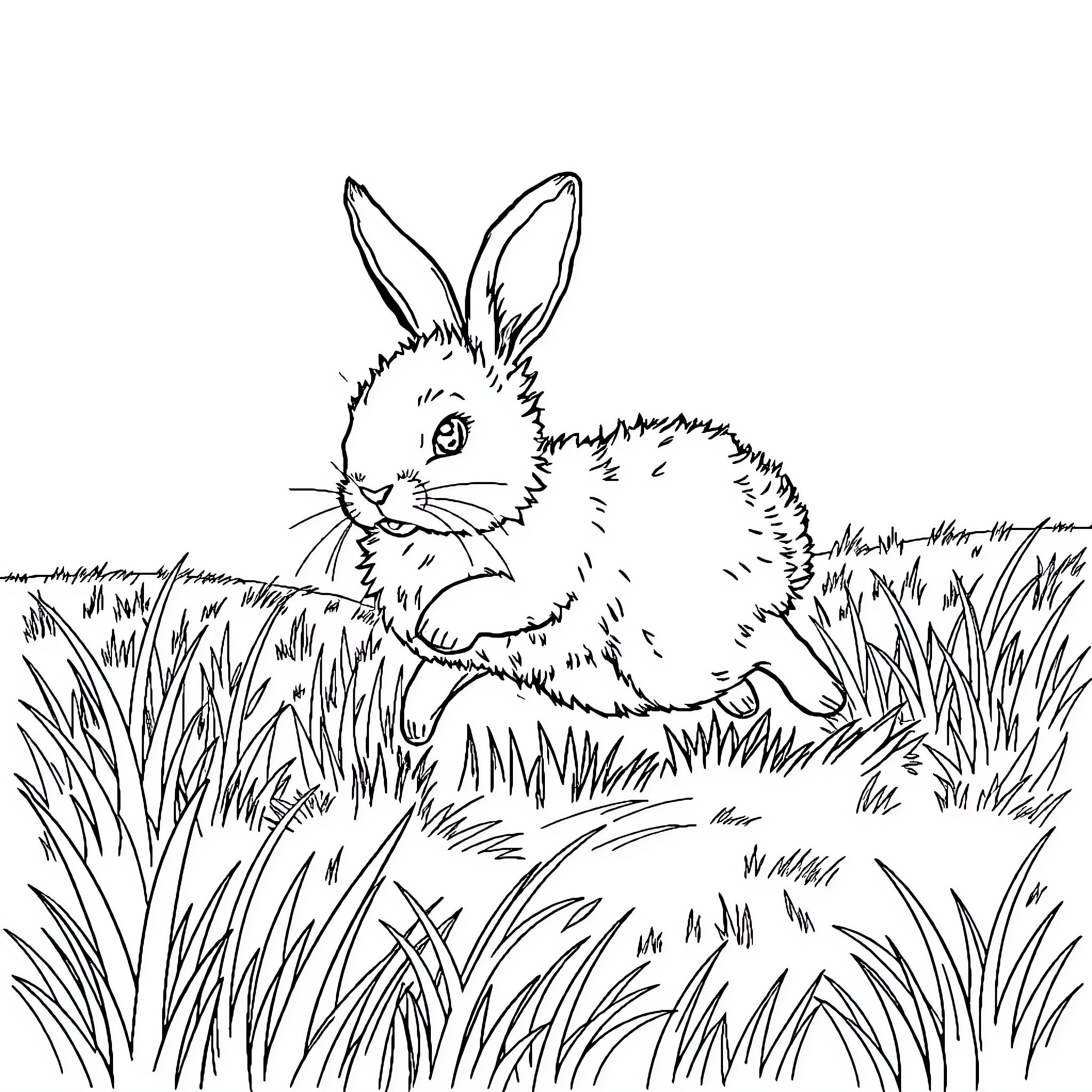 Bunny Sitting Peacefully in Tall Grass Coloring Page (free black-and-white line drawing printable PDF for all, from beginners to advanced learners, including children, teens, adults, and seniors)