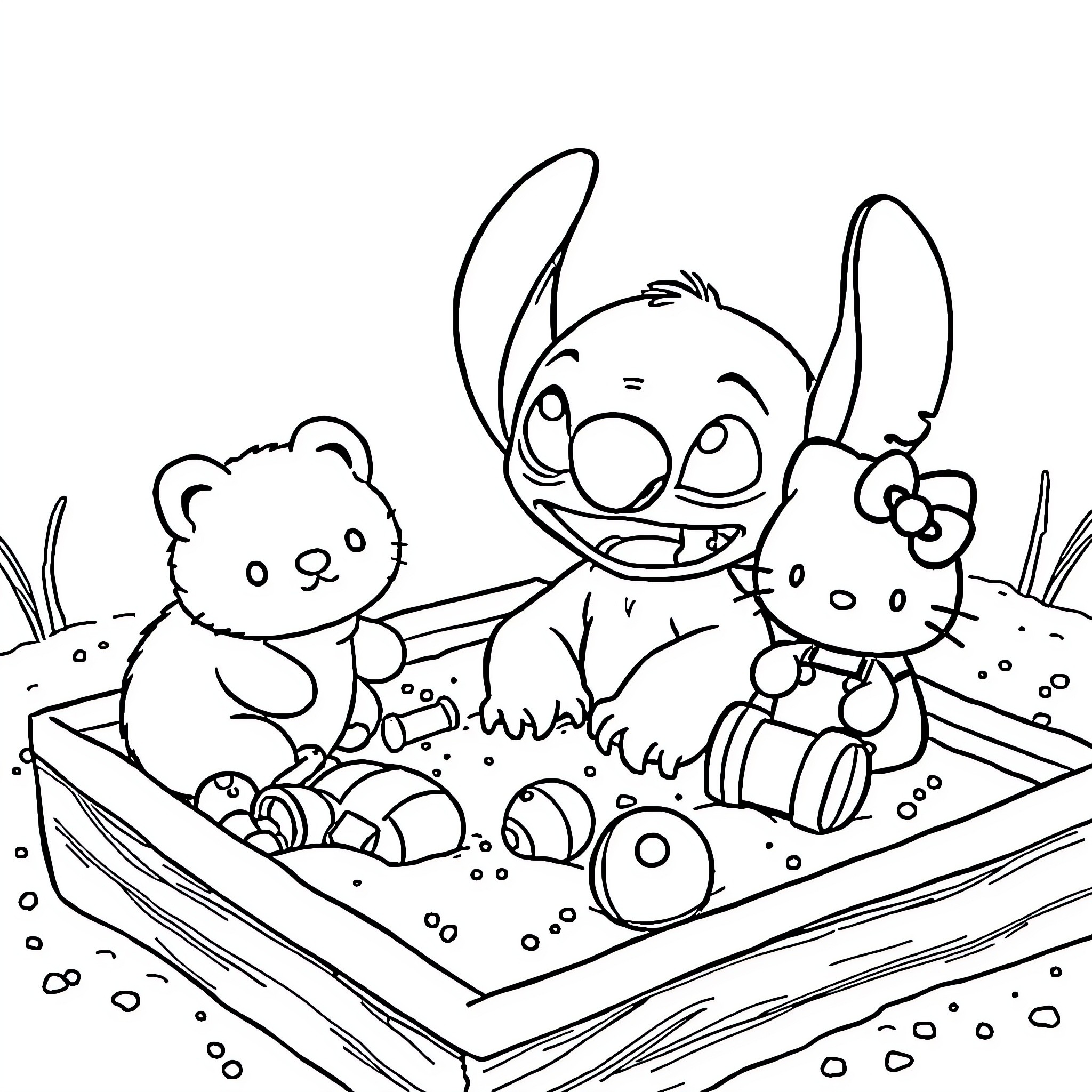 Stitch and friends playing joyfully in a sandbox Coloring Page (free black-and-white line drawing printable PDF for all, from beginners to advanced learners, including children, teens, adults, and seniors)