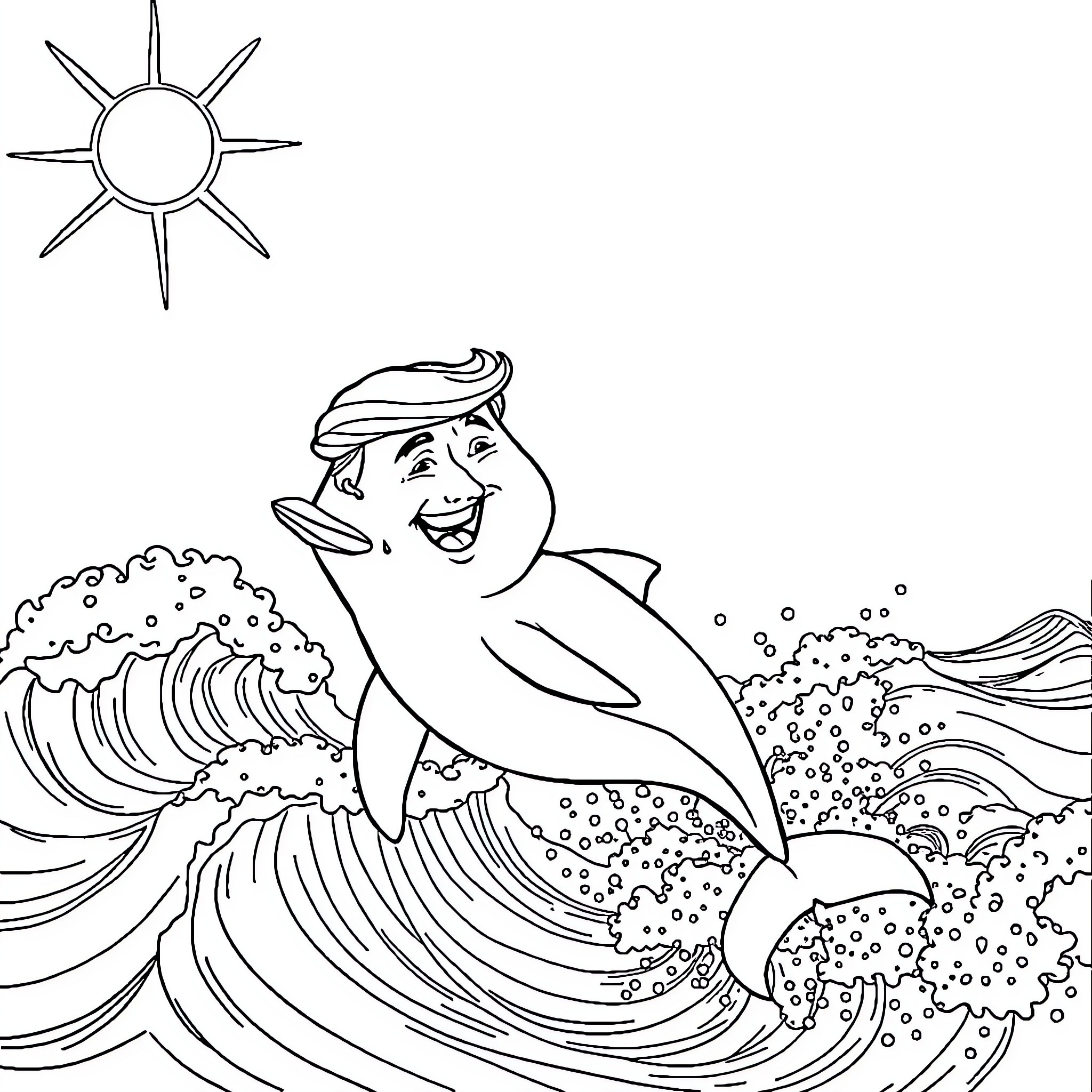 Trump riding a happy mermaid in the ocean Coloring Page (free black-and-white line drawing printable PDF for all, from beginners to advanced learners, including children, teens, adults, and seniors)