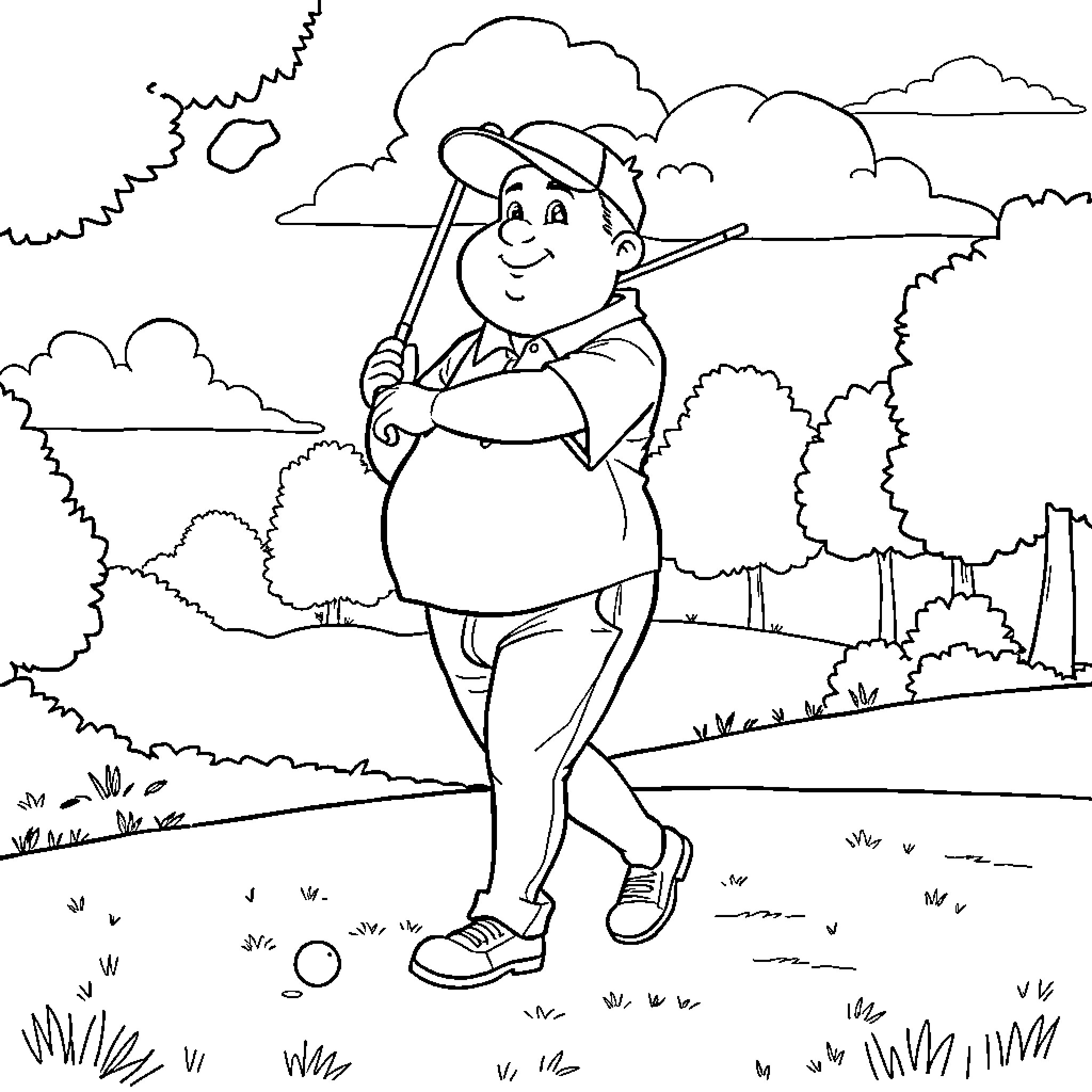 Guy fishing happily in the countryside Coloring Page (free black-and-white line drawing printable PDF for all, from beginners to advanced learners, including children, teens, adults, and seniors)