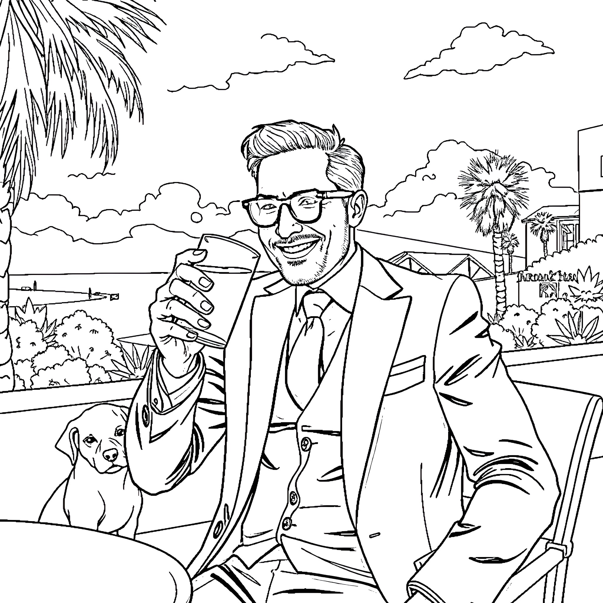 Dom enjoys a tropical beach day with his furry companion Coloring Page (free black-and-white line drawing printable PDF for all, from beginners to advanced learners, including children, teens, adults, and seniors)