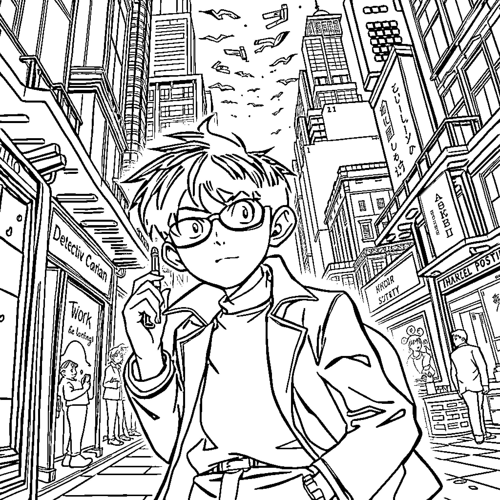 Detective Conan explores the bustling city streets Coloring Page (free black-and-white line drawing printable PDF for all, from beginners to advanced learners, including children, teens, adults, and seniors)