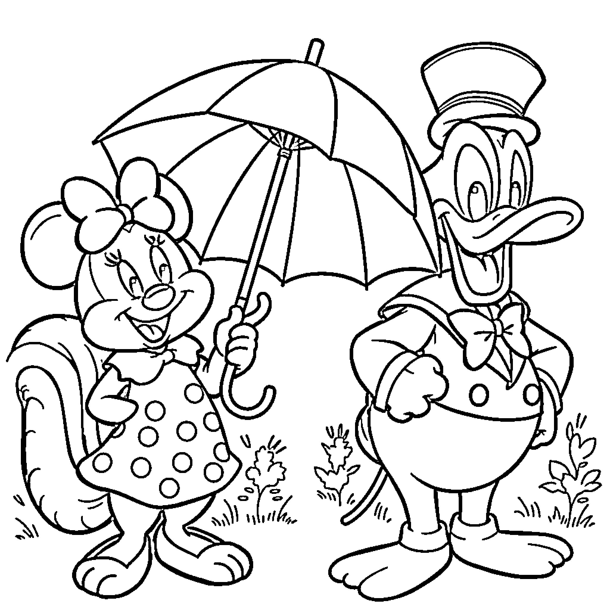 Squirrel friends playing in the rain with umbrellas Coloring Page (free black-and-white line drawing printable PDF for all, from beginners to advanced learners, including children, teens, adults, and seniors)