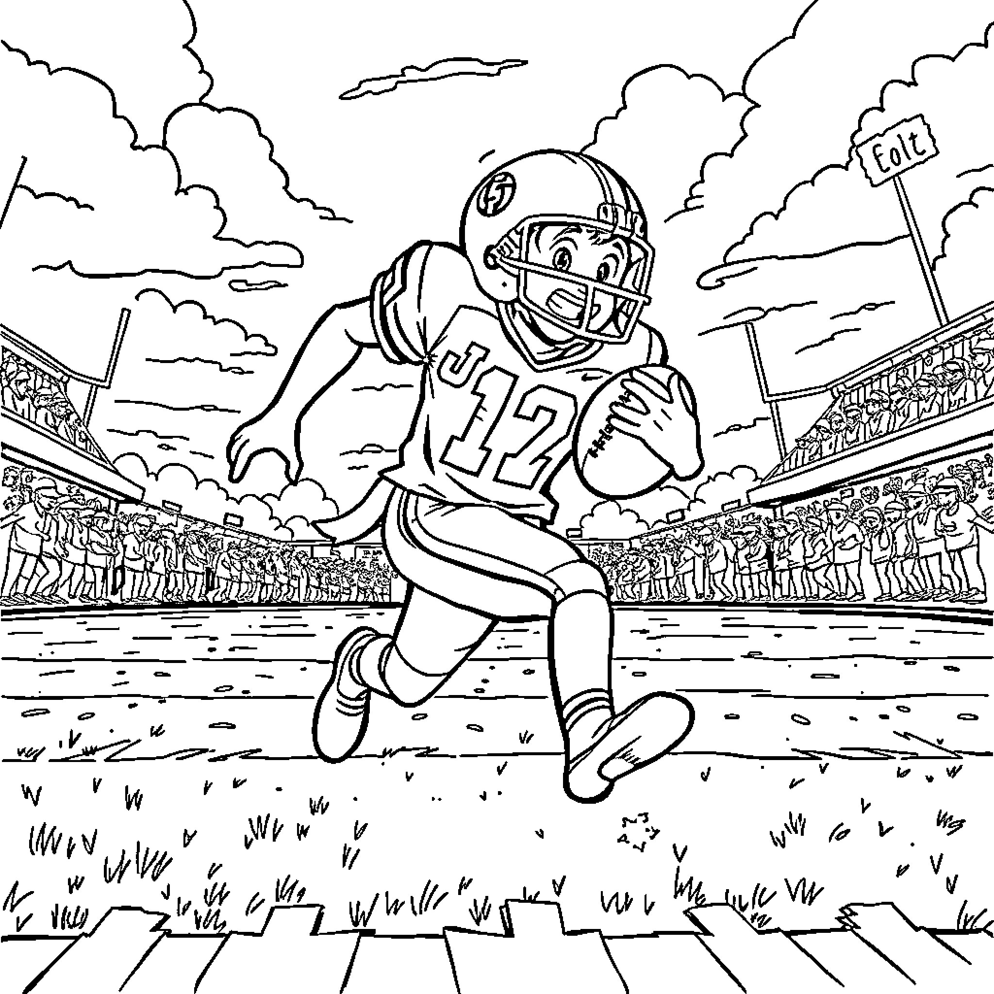 Jaxson Dart Running on the Football Field Coloring Page (free black-and-white line drawing printable PDF for all, from beginners to advanced learners, including children, teens, adults, and seniors)