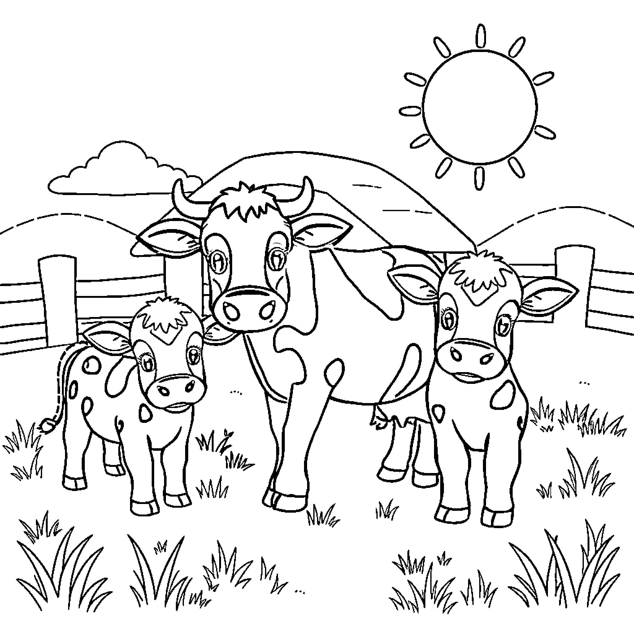 Cow family enjoying the sunny day on the farm Coloring Page (free black-and-white line drawing printable PDF for all, from beginners to advanced learners, including children, teens, adults, and seniors)