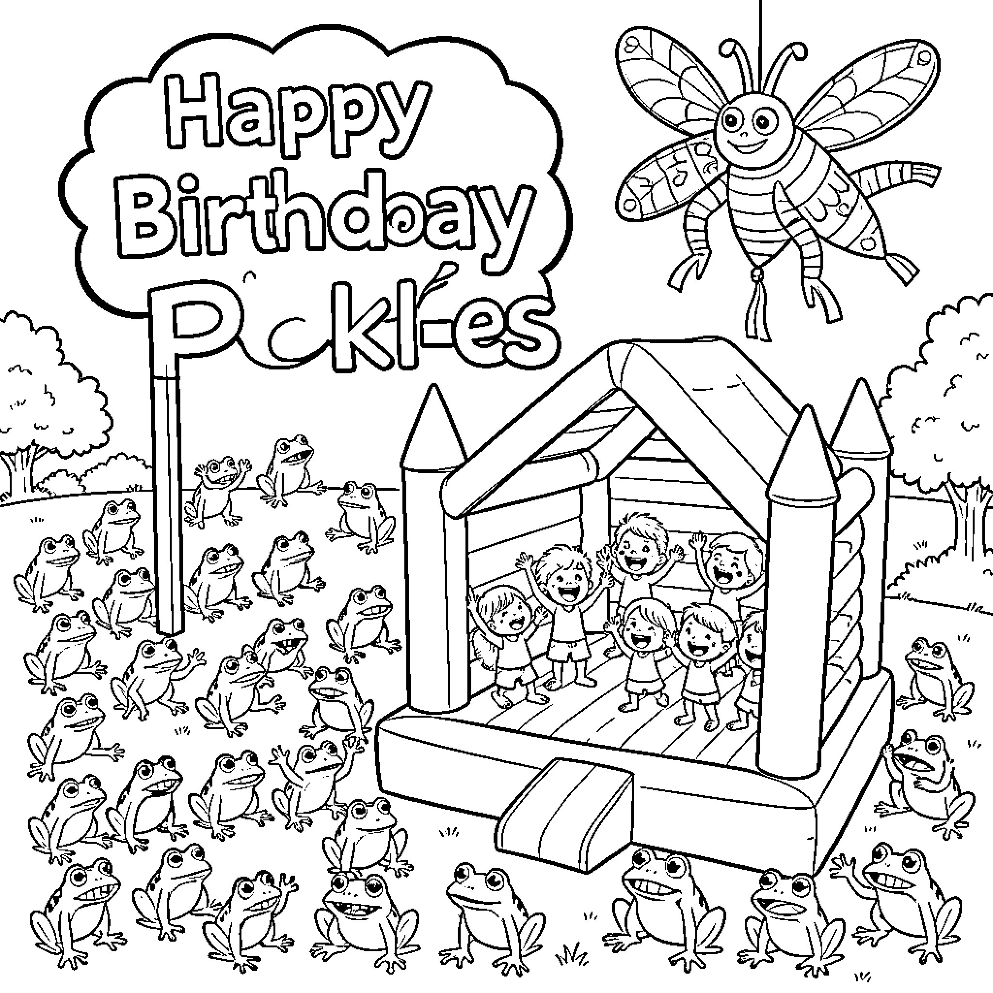 Frog Birthday Party with Bouncy House Coloring Page (free black-and-white line drawing printable PDF for all, from beginners to advanced learners, including children, teens, adults, and seniors)