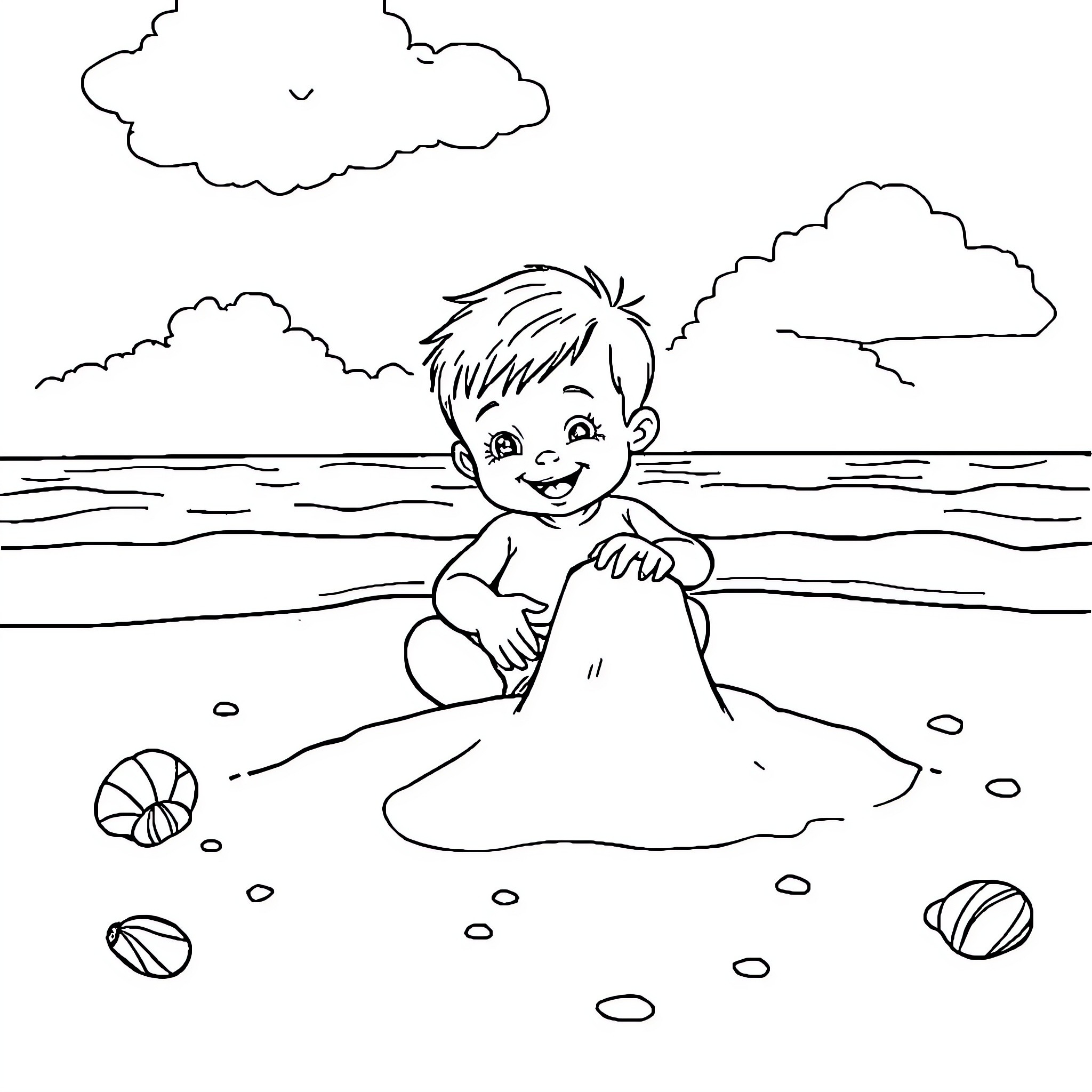 Baby Boy Playing Happily in the Sand Coloring Page (free black-and-white line drawing printable PDF for all, from beginners to advanced learners, including children, teens, adults, and seniors)