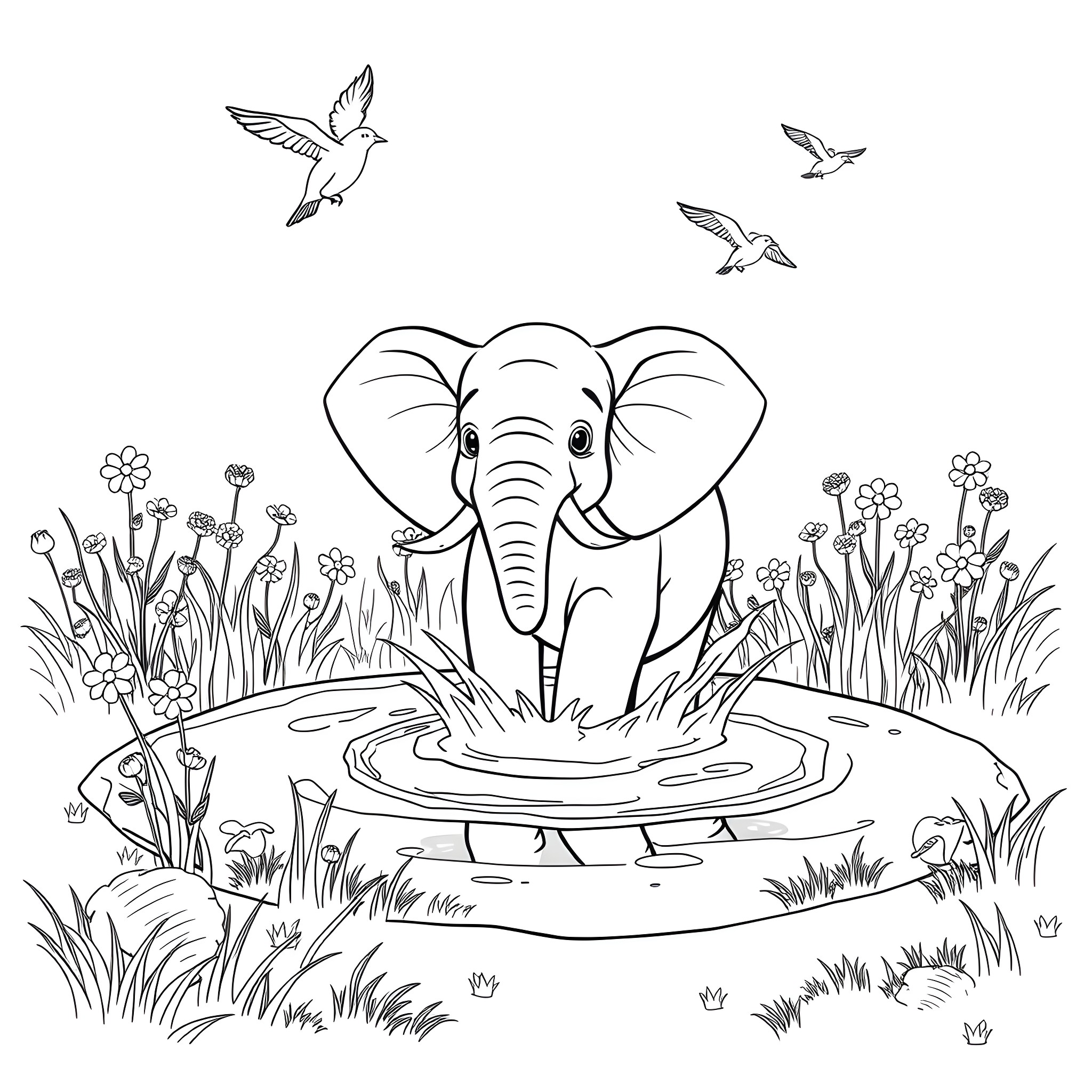 Elephant Enjoying a Refreshing Watering Hole Coloring Page (free black-and-white line drawing printable PDF for all, from beginners to advanced learners, including children, teens, adults, and seniors)