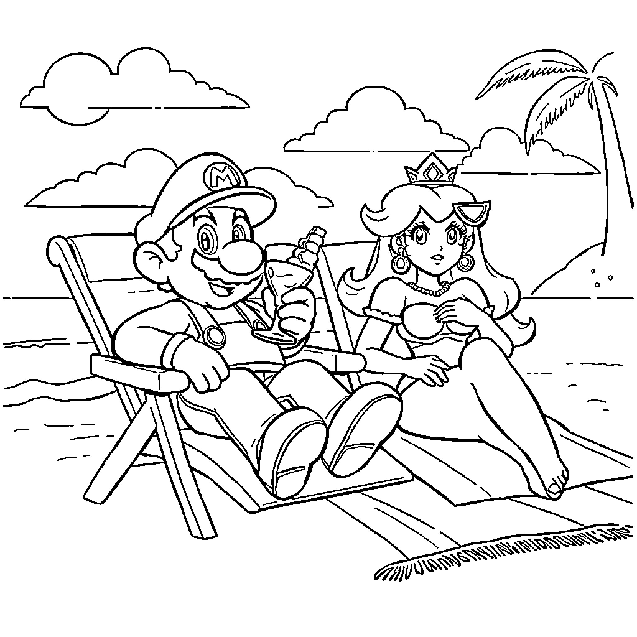 Super Mario and Princess Relaxing on the Beach Coloring Page (free black-and-white line drawing printable PDF for all, from beginners to advanced learners, including children, teens, adults, and seniors)