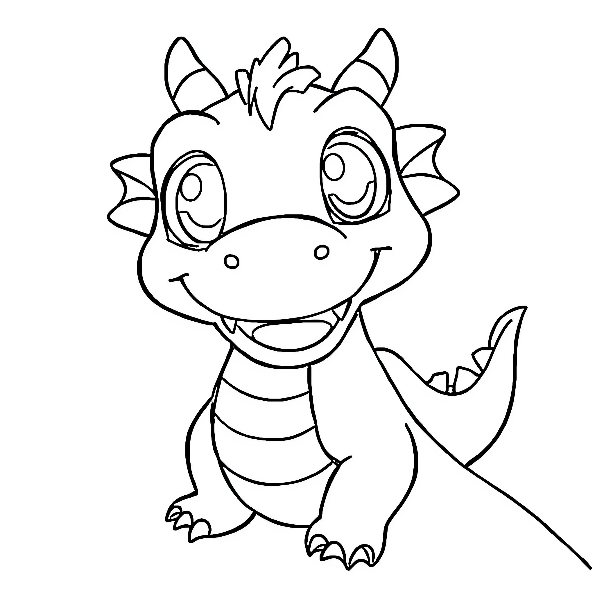 Dragon happily smiling with big eyes Coloring Page (free black-and-white line drawing printable PDF for all, from beginners to advanced learners, including children, teens, adults, and seniors)