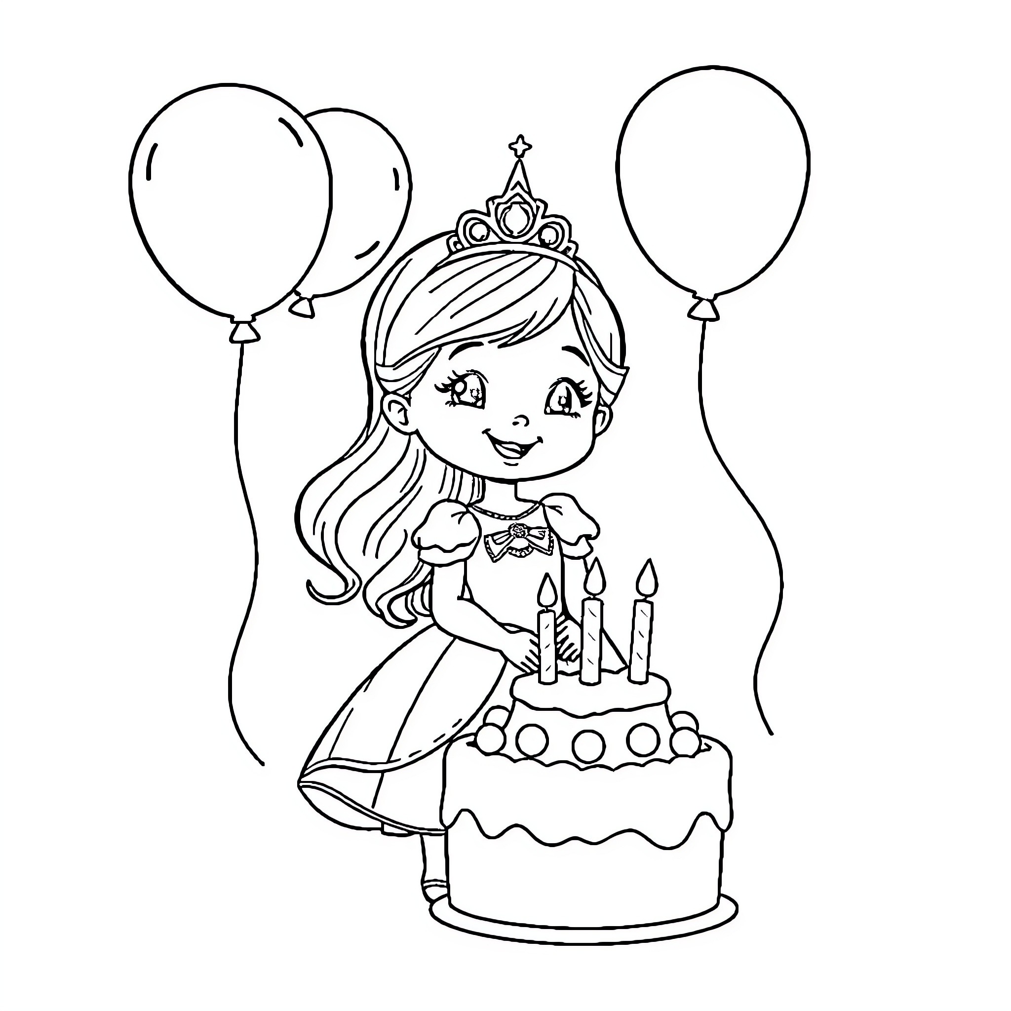 Girl celebrates birthday with cake and balloons Coloring Page (free black-and-white line drawing printable PDF for all, from beginners to advanced learners, including children, teens, adults, and seniors)