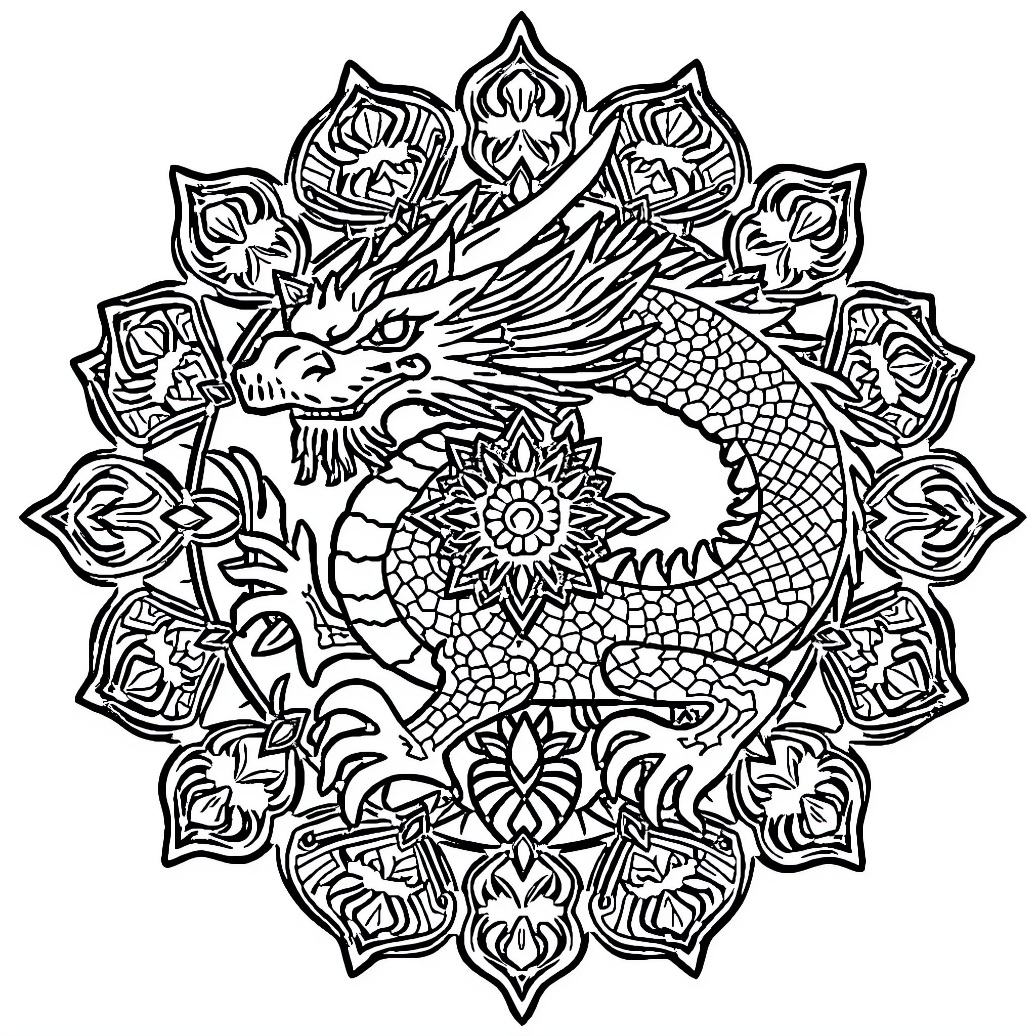 Dragon Mandala with Intricate Floral Patterns Coloring Page (free black-and-white line drawing printable PDF for all, from beginners to advanced learners, including children, teens, adults, and seniors)