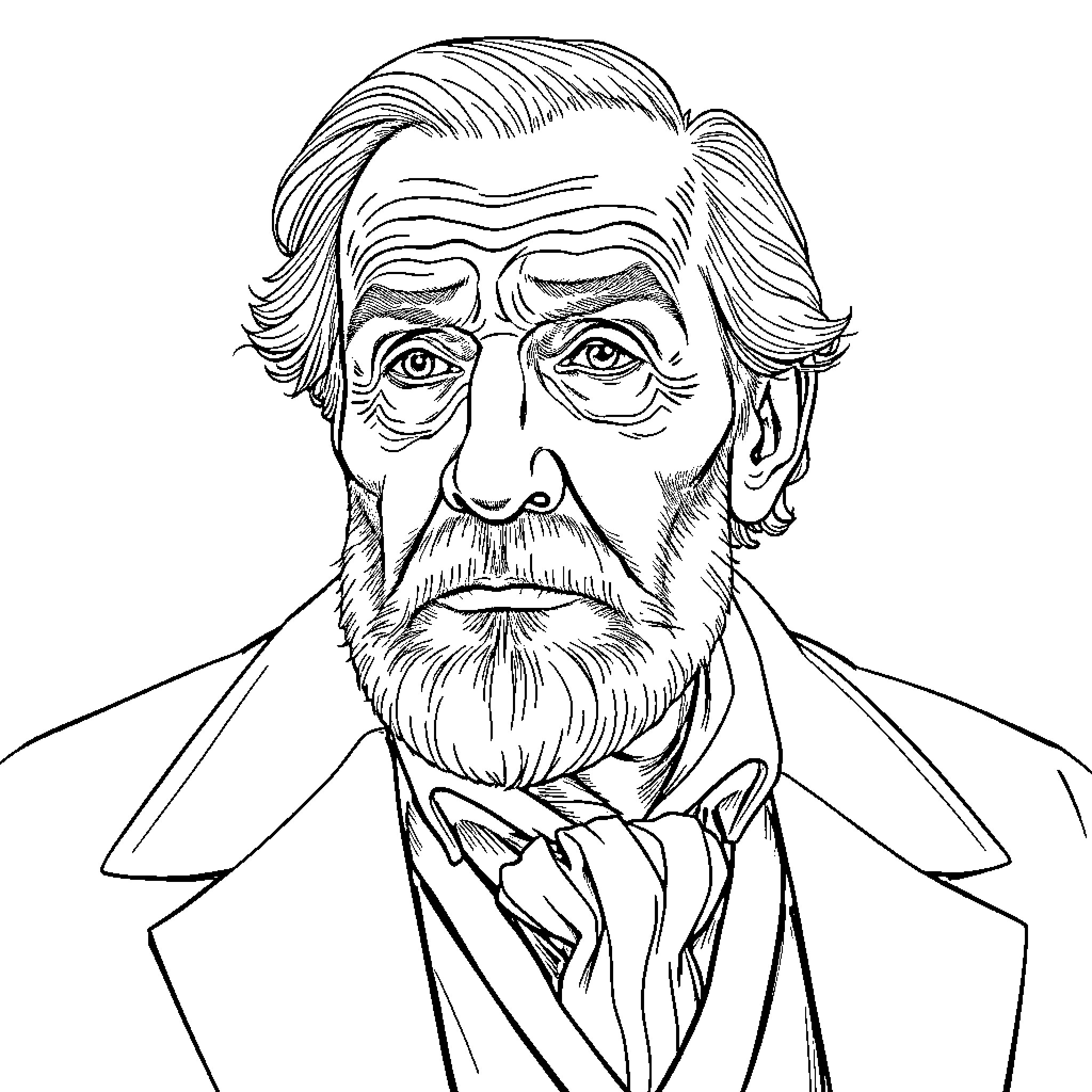 Man with serious expression in formal attire Coloring Page (free black-and-white line drawing printable PDF for all, from beginners to advanced learners, including children, teens, adults, and seniors)