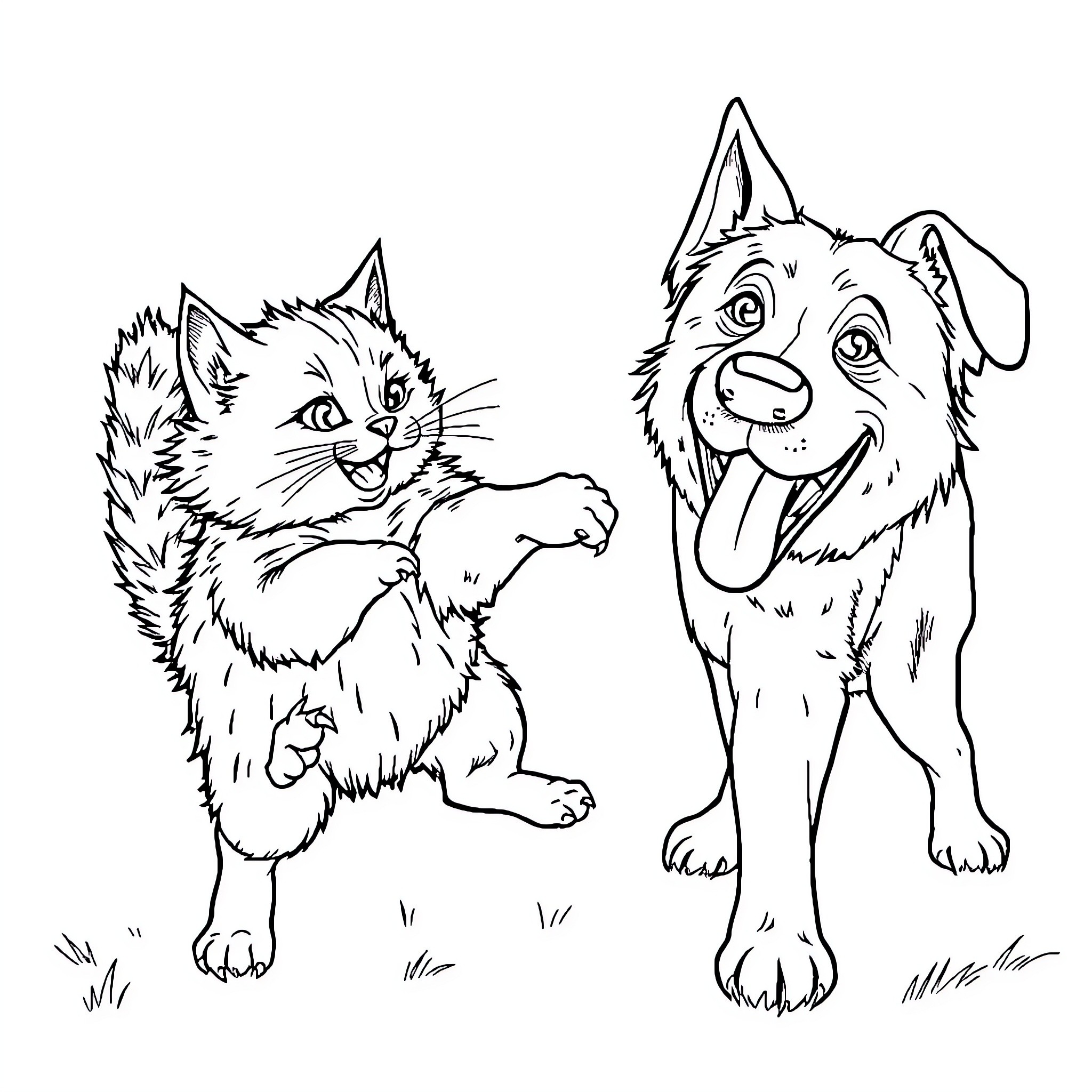 Cat and Dog Playing Together Happily Coloring Page (free black-and-white line drawing printable PDF for all, from beginners to advanced learners, including children, teens, adults, and seniors)
