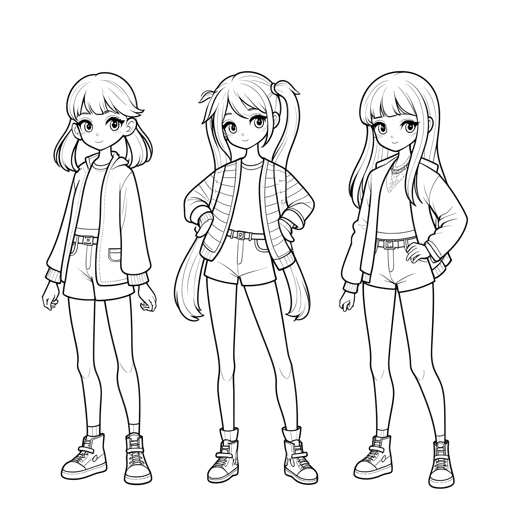 Goth Girl Trio in Casual Outfits Coloring Page (free black-and-white line drawing printable PDF for all, from beginners to advanced learners, including children, teens, adults, and seniors)