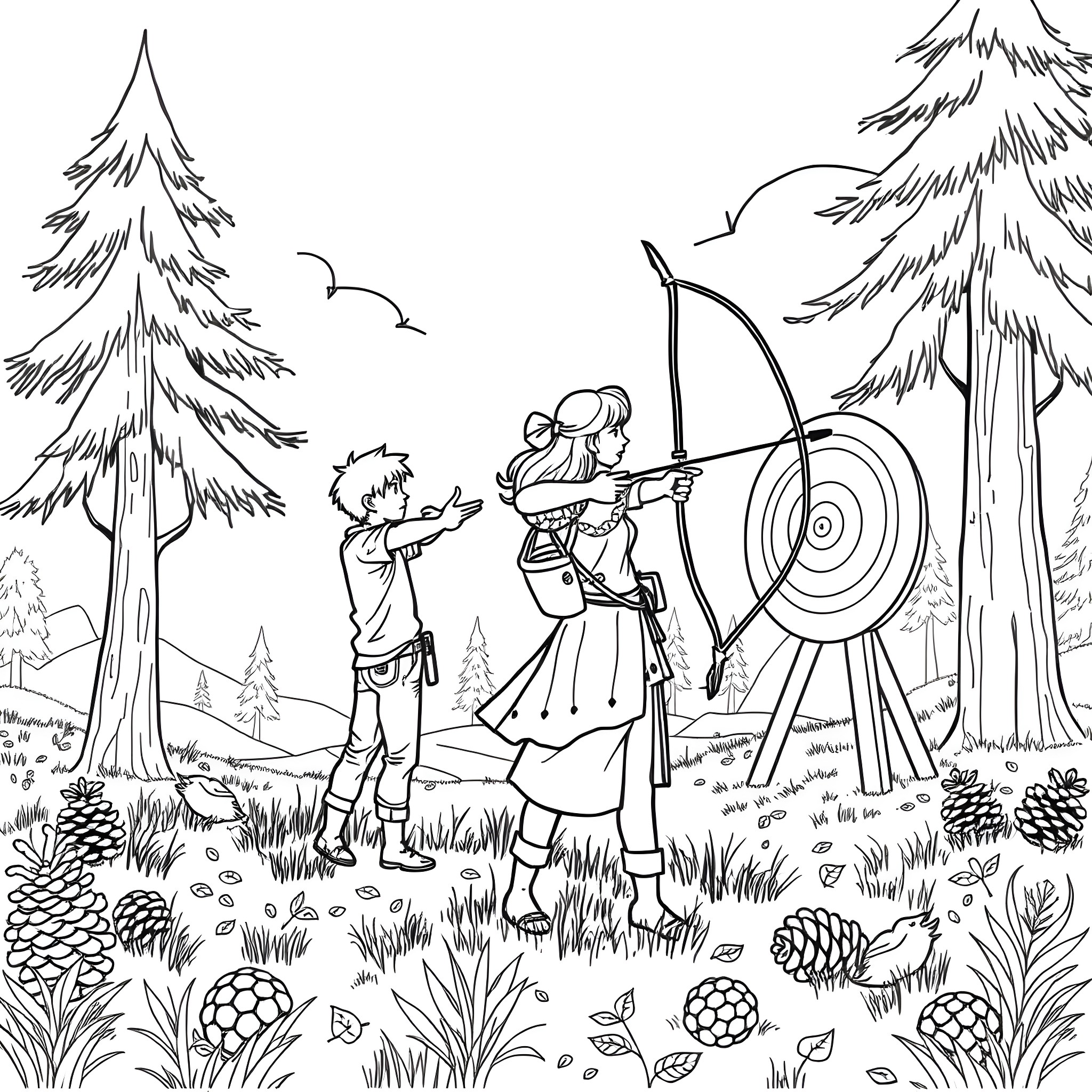 Archery practice in the forest Coloring Page (free black-and-white line drawing printable PDF for all, from beginners to advanced learners, including children, teens, adults, and seniors)