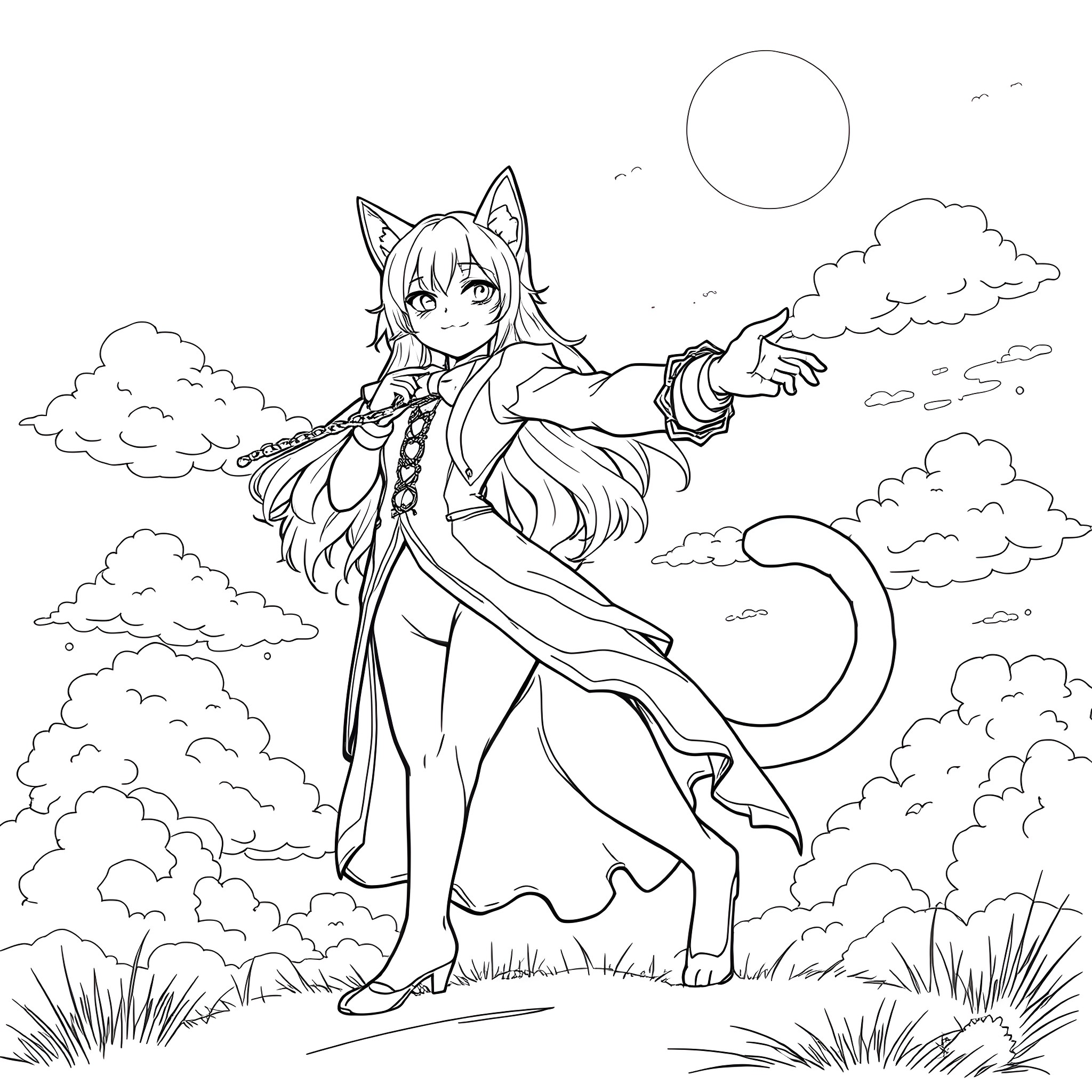 Catgirl in a dreamlike landscape Coloring Page (free black-and-white line drawing printable PDF for all, from beginners to advanced learners, including children, teens, adults, and seniors)