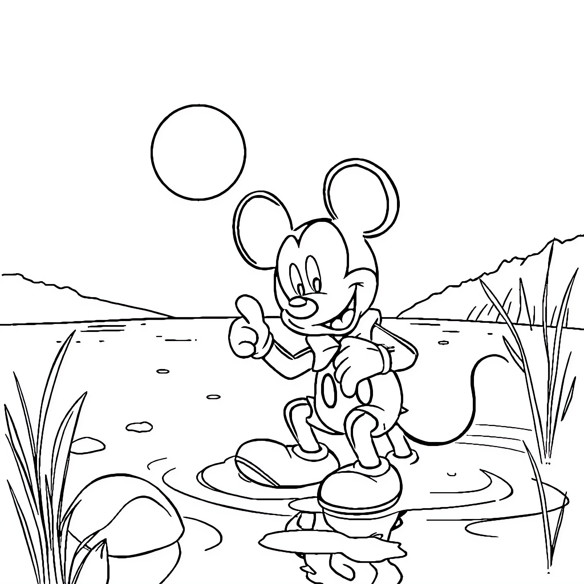Mickey exploring the nature landscape Coloring Page (free black-and-white line drawing printable PDF for all, from beginners to advanced learners, including children, teens, adults, and seniors)