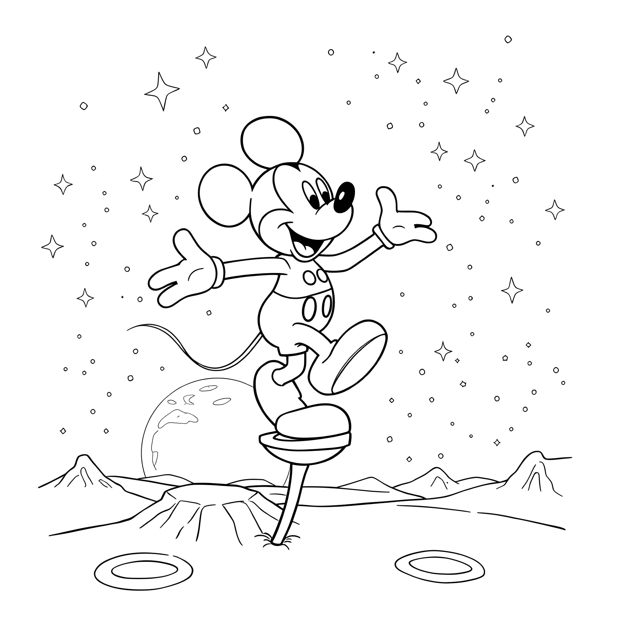 Mickey Mouse jumping with joy under the starry night sky Coloring Page (free black-and-white line drawing printable PDF for all, from beginners to advanced learners, including children, teens, adults, and seniors)