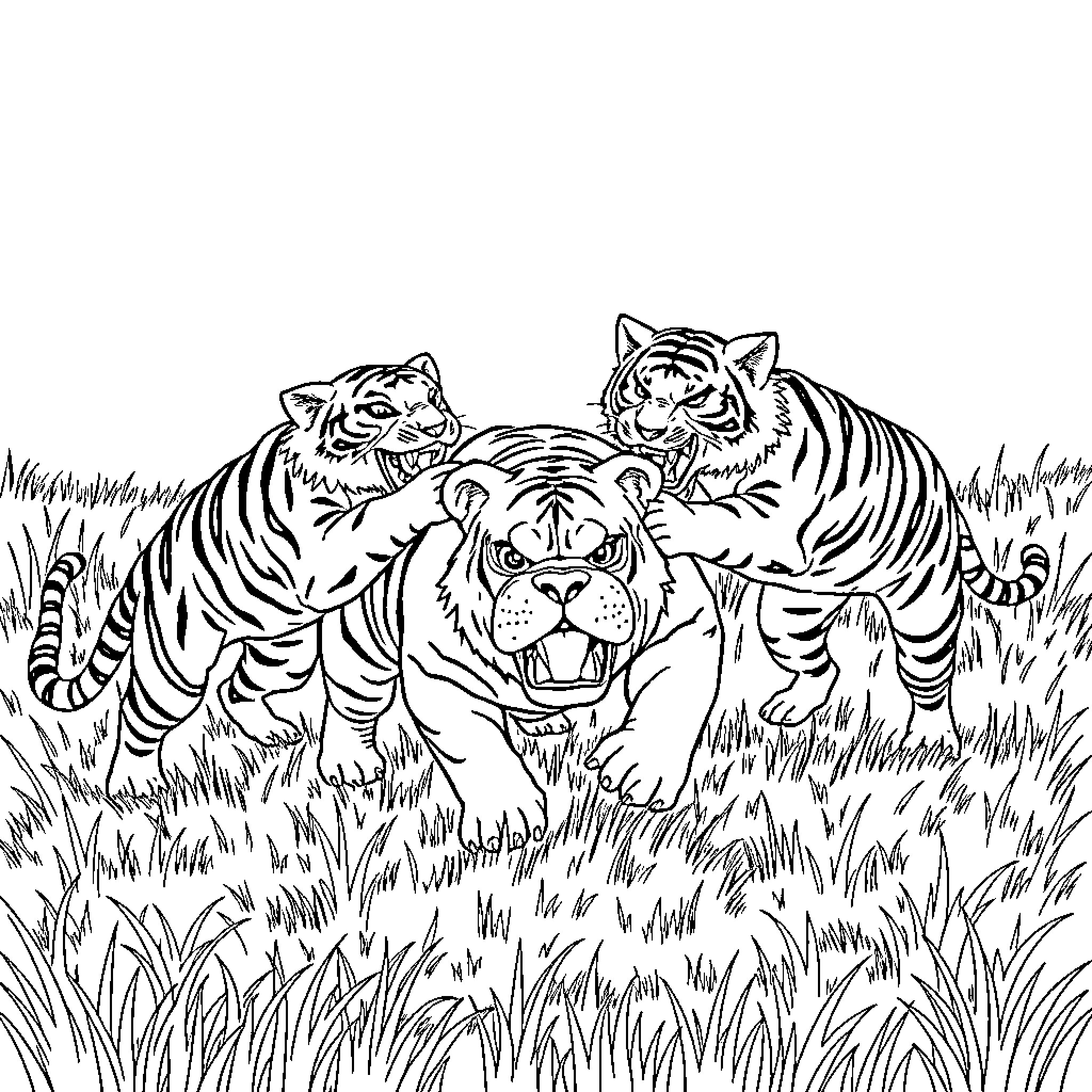 Tiger Family in Tall Grass Coloring Page (free black-and-white line drawing printable PDF for all, from beginners to advanced learners, including children, teens, adults, and seniors)