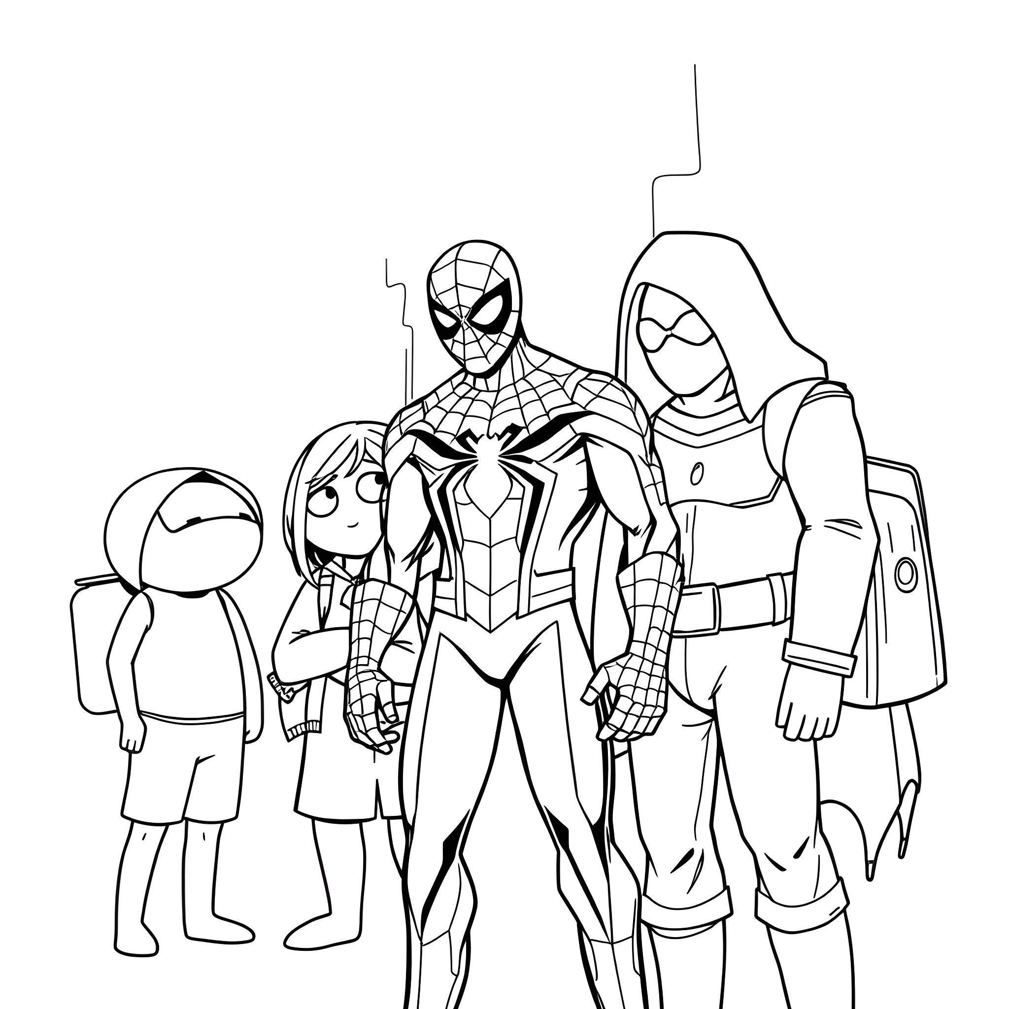 Spider-Man and Friends in Action Coloring Page (free black-and-white line drawing printable PDF for all, from beginners to advanced learners, including children, teens, adults, and seniors)
