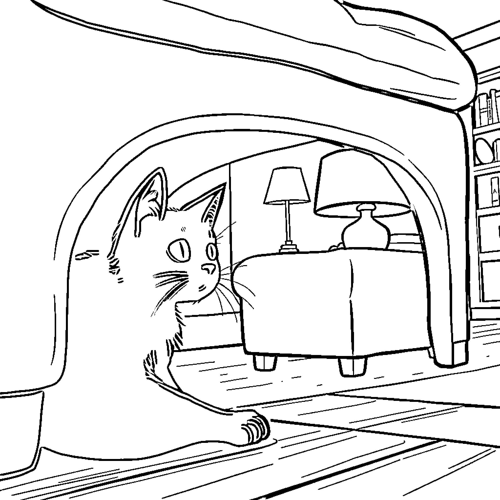 Cat relaxing in cozy indoor setting Coloring Page (free black-and-white line drawing printable PDF for all, from beginners to advanced learners, including children, teens, adults, and seniors)