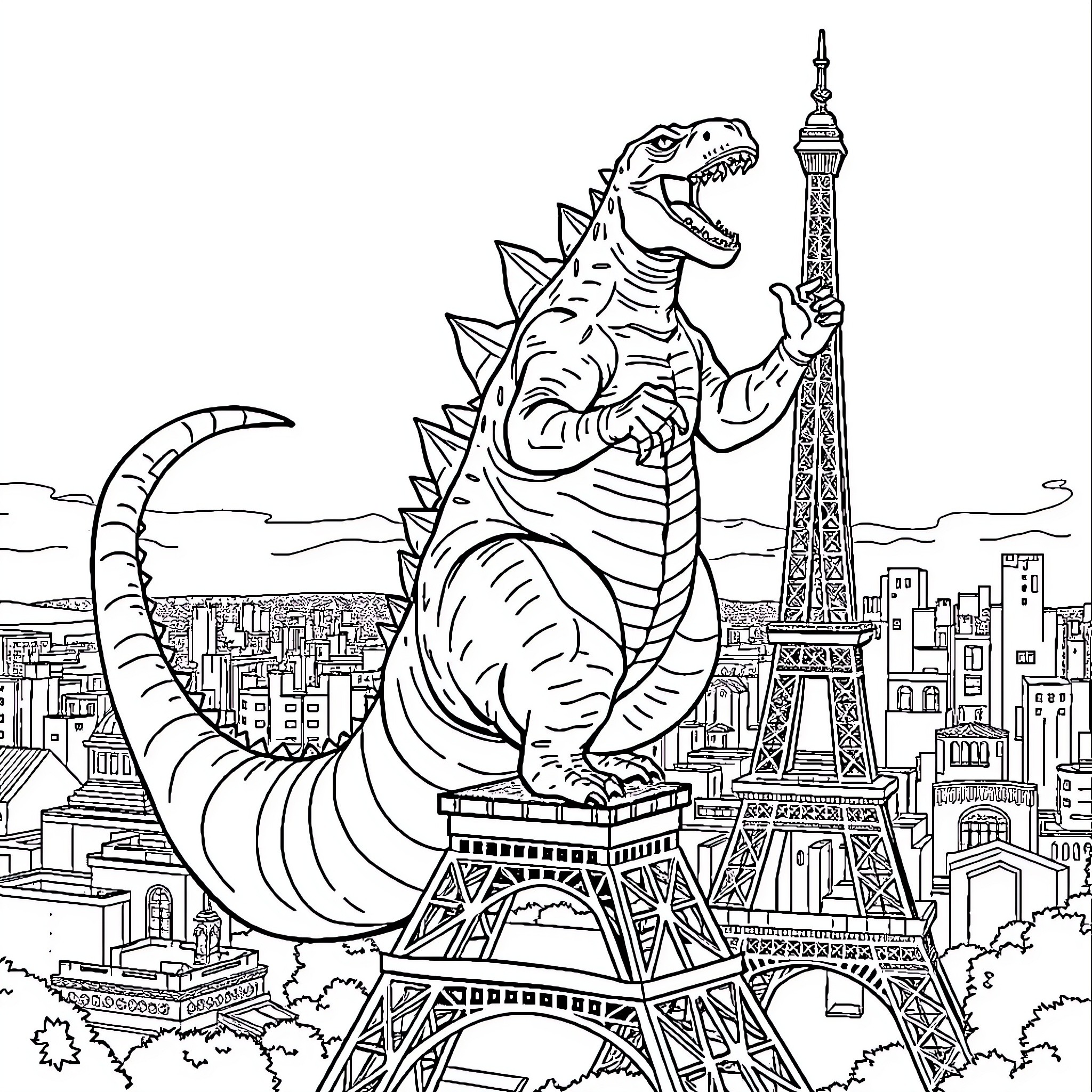 Godzilla attacks the Eiffel Tower in Paris Coloring Page (free black-and-white line drawing printable PDF for all, from beginners to advanced learners, including children, teens, adults, and seniors)