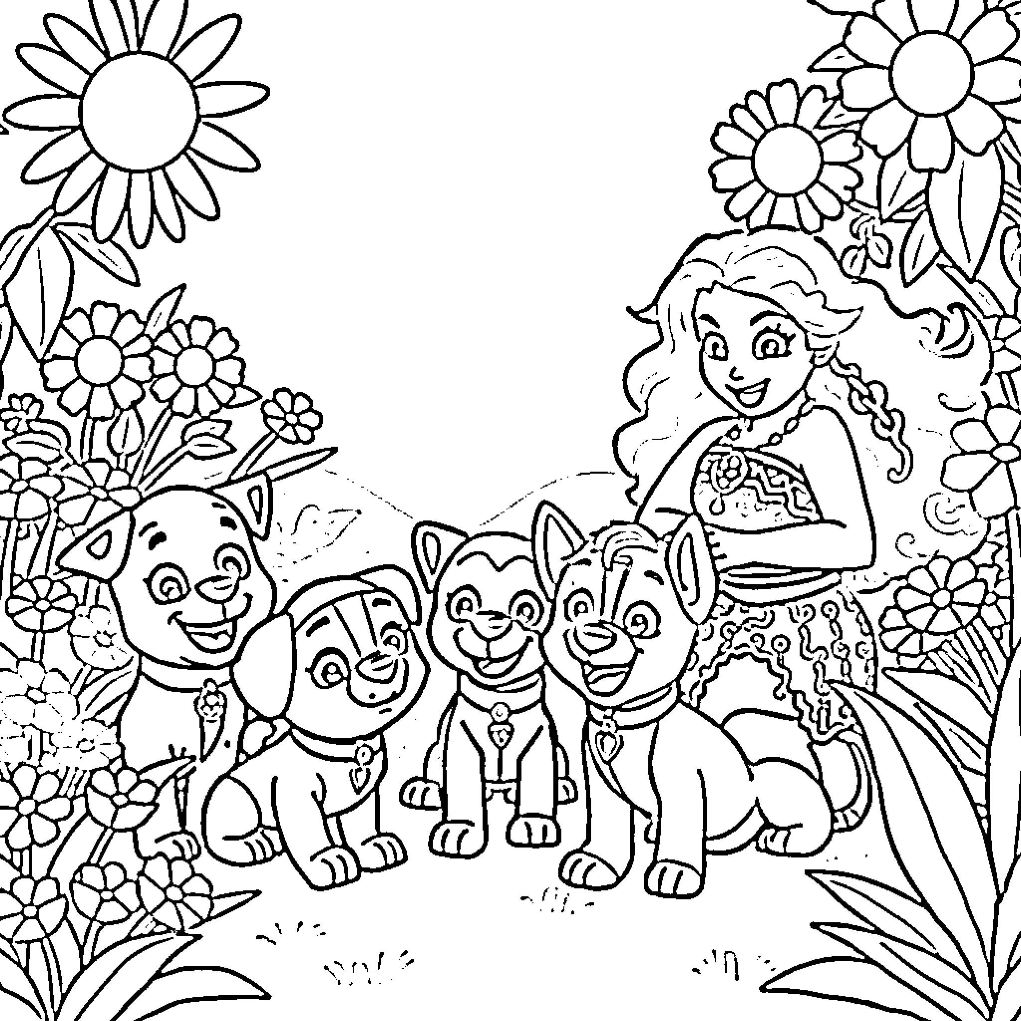 Moana enjoying nature with animal companions Coloring Page (free black-and-white line drawing printable PDF for all, from beginners to advanced learners, including children, teens, adults, and seniors)