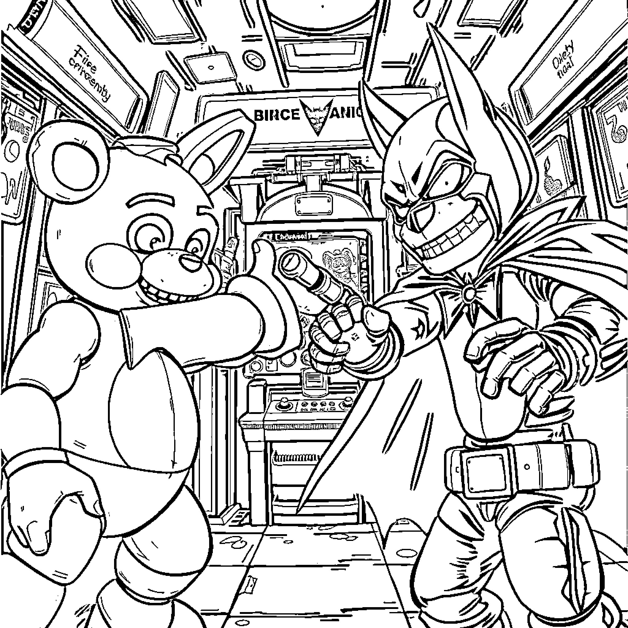 Freddy's Chaotic Party in the Arcade Coloring Page (free black-and-white line drawing printable PDF for all, from beginners to advanced learners, including children, teens, adults, and seniors)