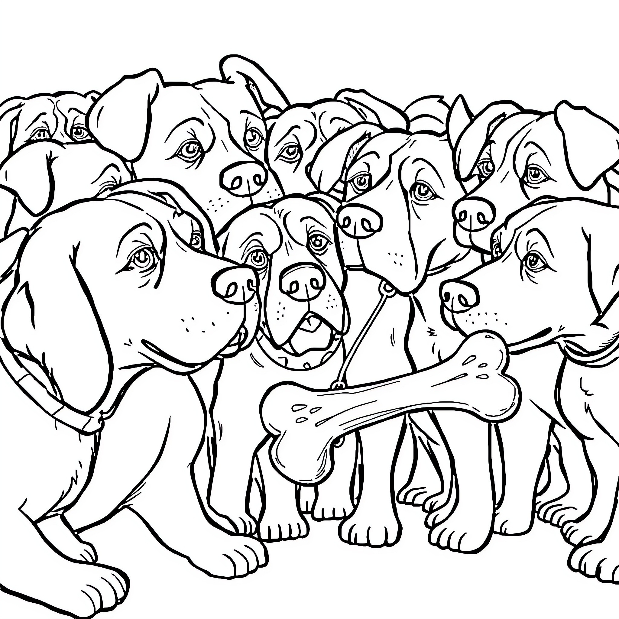 Dog friends exploring a big bone together Coloring Page (free black-and-white line drawing printable PDF for all, from beginners to advanced learners, including children, teens, adults, and seniors)