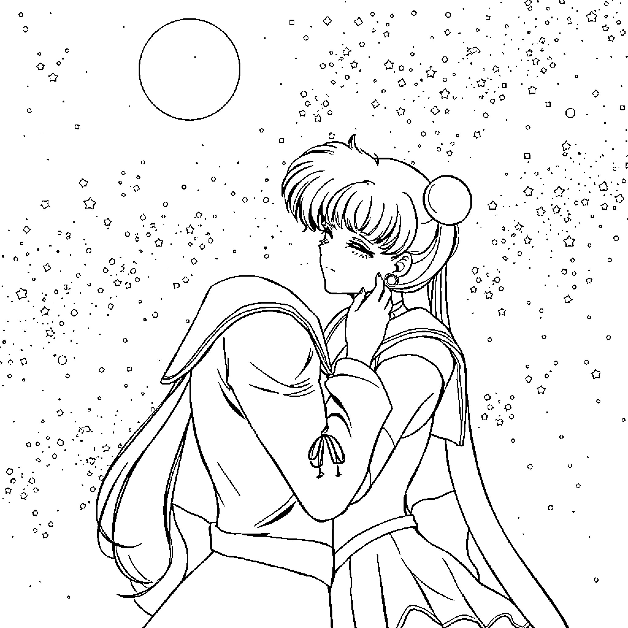 Sailormoon gazing at the night sky Coloring Page (free black-and-white line drawing printable PDF for all, from beginners to advanced learners, including children, teens, adults, and seniors)