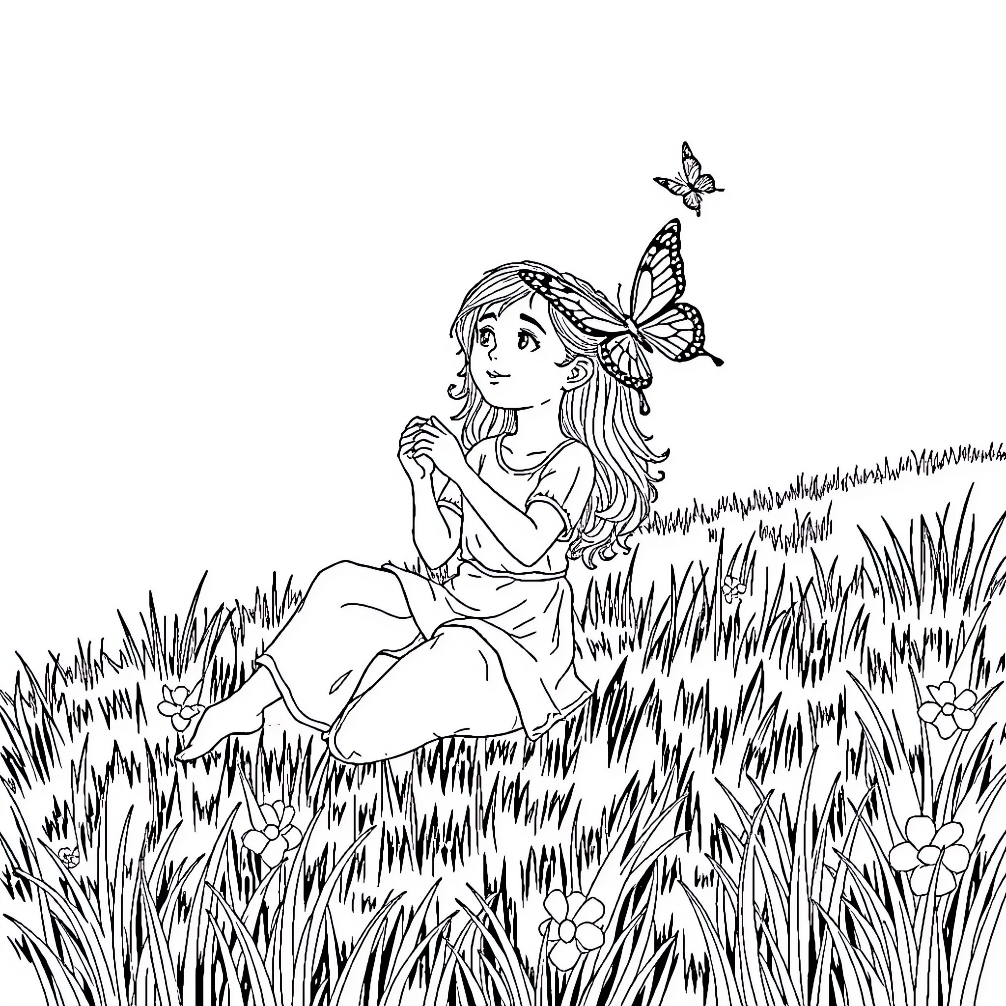 Mónica Naranjo interacts with butterflies in a serene meadow Coloring Page (free black-and-white line drawing printable PDF for all, from beginners to advanced learners, including children, teens, adults, and seniors)