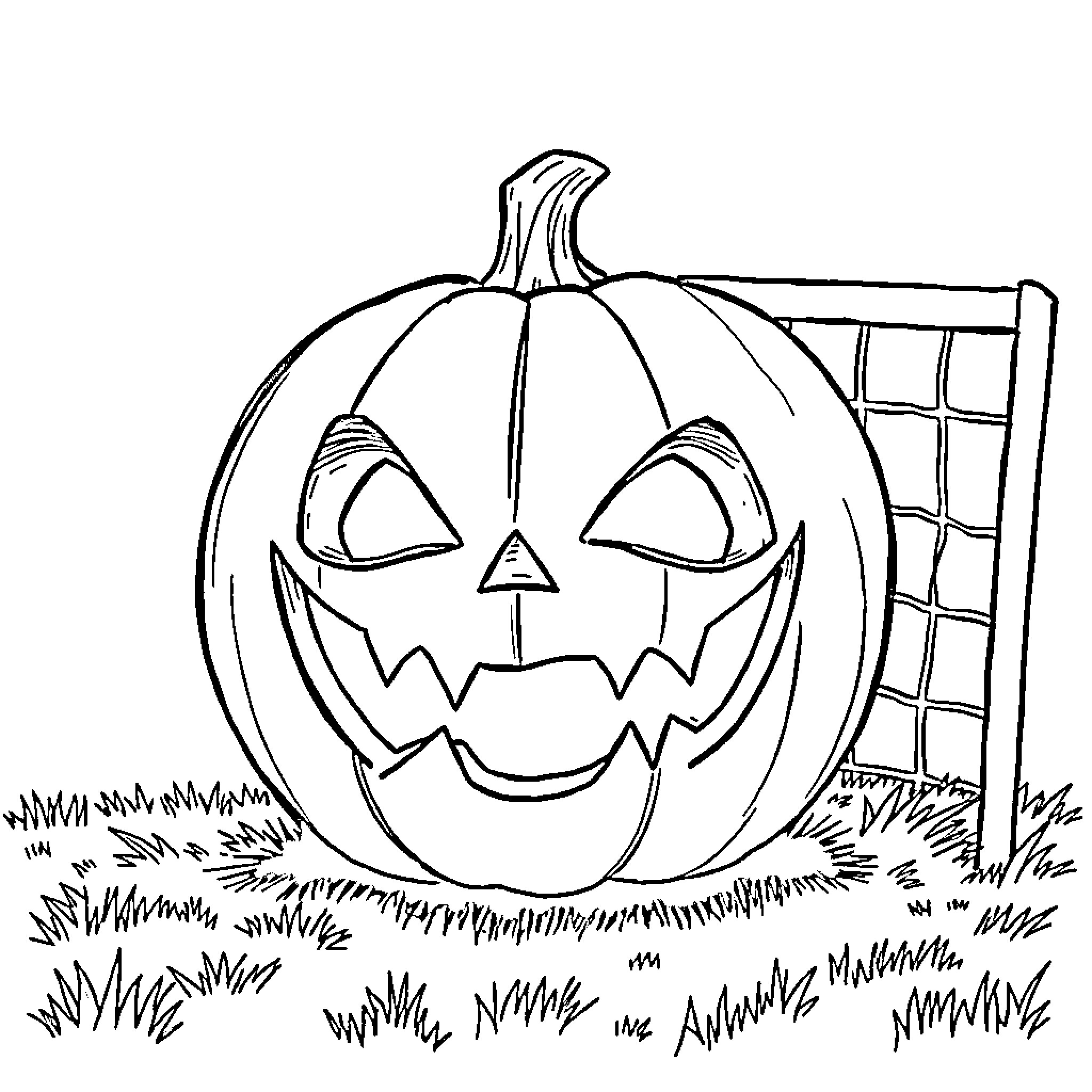 Soccer Ball Shaped Jack-o'-Lantern in Grassy Field Coloring Page (free black-and-white line drawing printable PDF for all, from beginners to advanced learners, including children, teens, adults, and seniors)